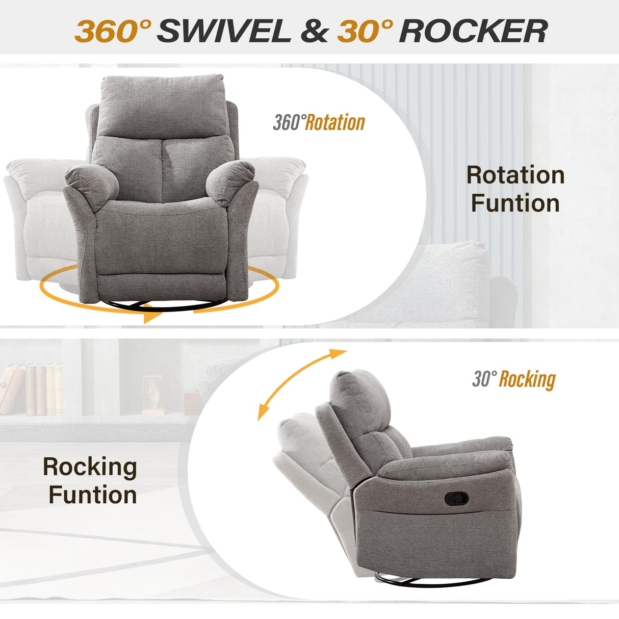 ANJ Swivel Rocker Recliner Nursery Chair, Manual Glider Rocking Recliner Chairs for Adults, Small Recliners for Small Space, 360° Swivel Lazy Boy Recliner Chairs for Living Room, rv, Silver Grey ANJ