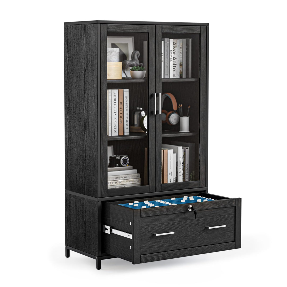VINGLI Black Lateral File Cabinet with Glass Doors and Locking Drawer for Home Office Storage VINGLI