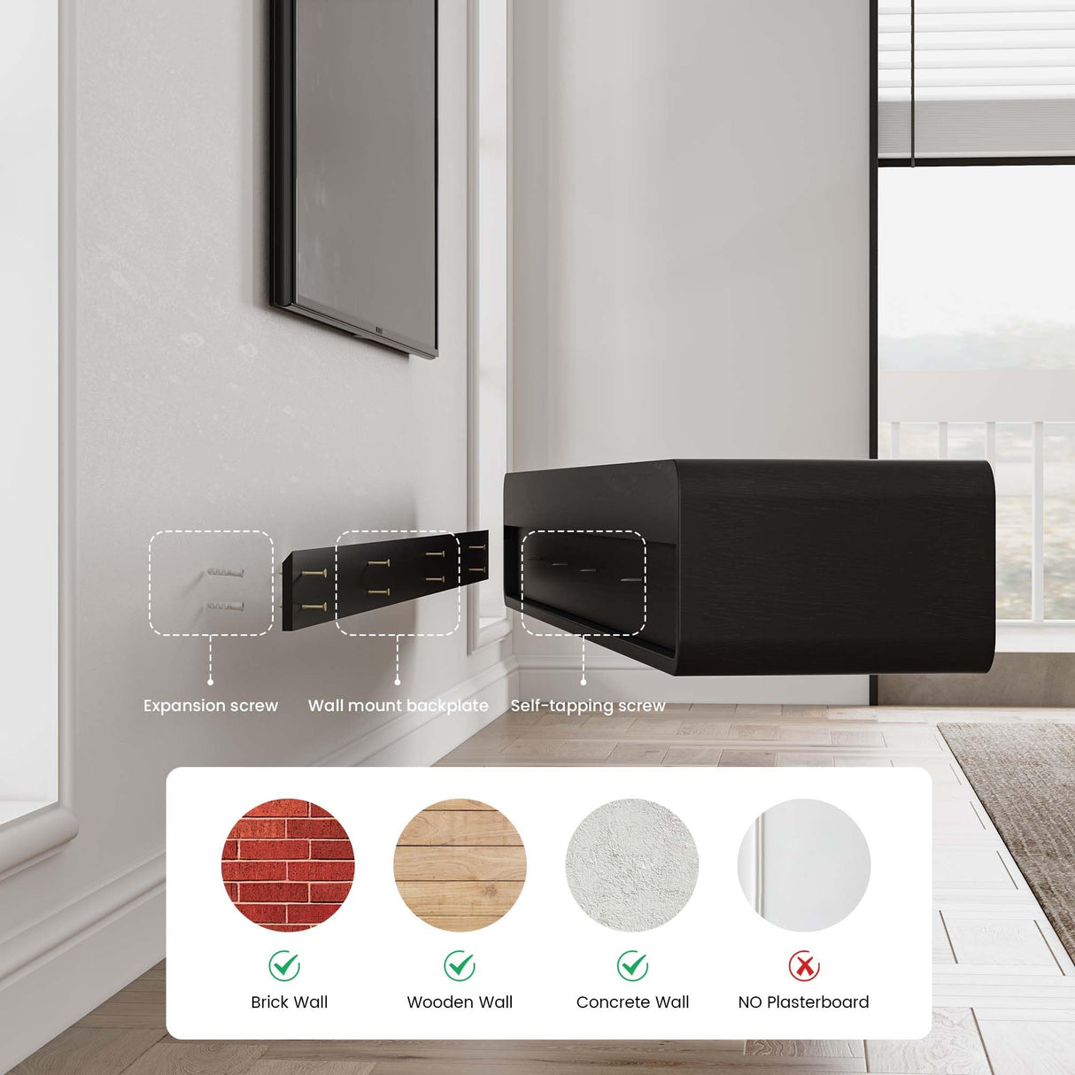 POVISON DONICY Fully-Assembled Minimalist Floating TV Stand, Modern Wall-Mounted Entertainment Center with 3 Drawers, Solid Wood, Black Oak, 78" POVISON DONICY