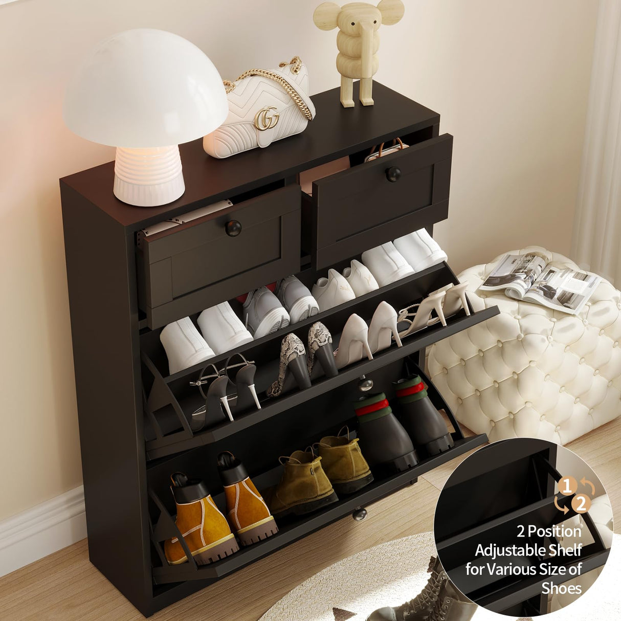 VOWNER Shoe Cabinet with 2 Flip Drawers & 2 Drawers, Freestanding Shoe Storage Cabinet with Adjustable Shelves, Shoe Organizer for Entryway, Hallway, Living Room (Black) VOWNER