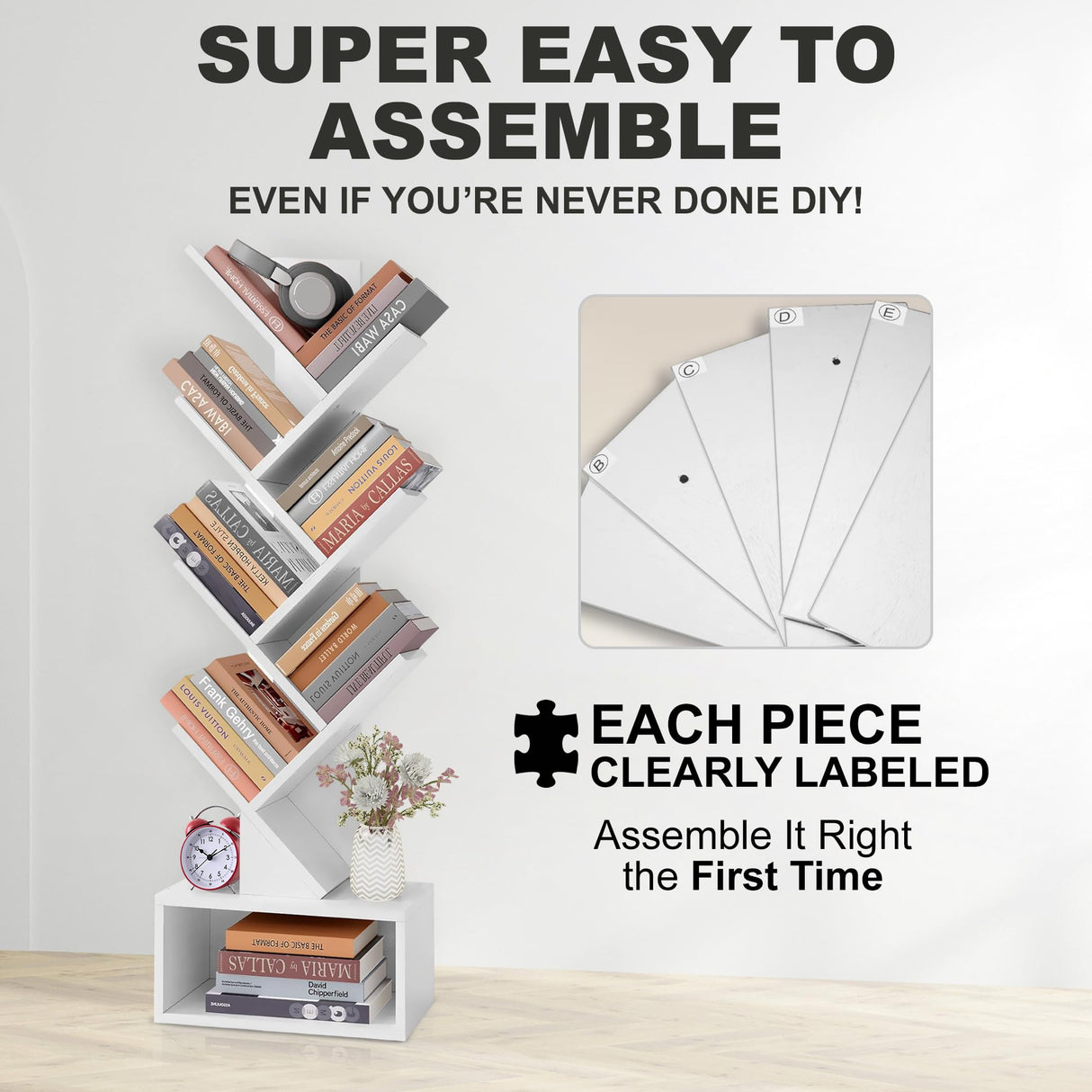 LUSHZLUMBERA Tree Bookshelf - 6 Shelf Retro Floor Standing Bookcase, Tall Wood Book Storage Rack for CDs/Movies/Books, Utility Book Organizer Shelves for Bedroom, Living Room, Home Office, White LUSHZLUMBERA