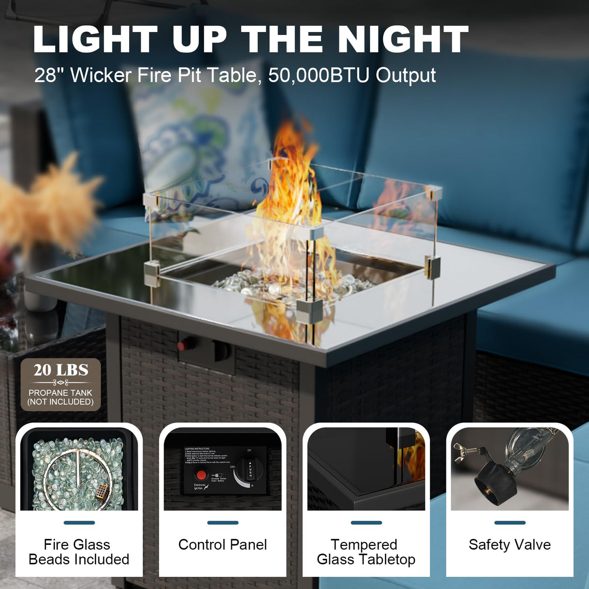 Peacabo 8 Piece Outdoor Patio Furniture Set with Fire Pit Table, Wicker Sectional Sofa Set with Thick Cushions, Perfect for Garden Lawn Pool or Backyard, (Brown/Peacock Blue) Peacabo