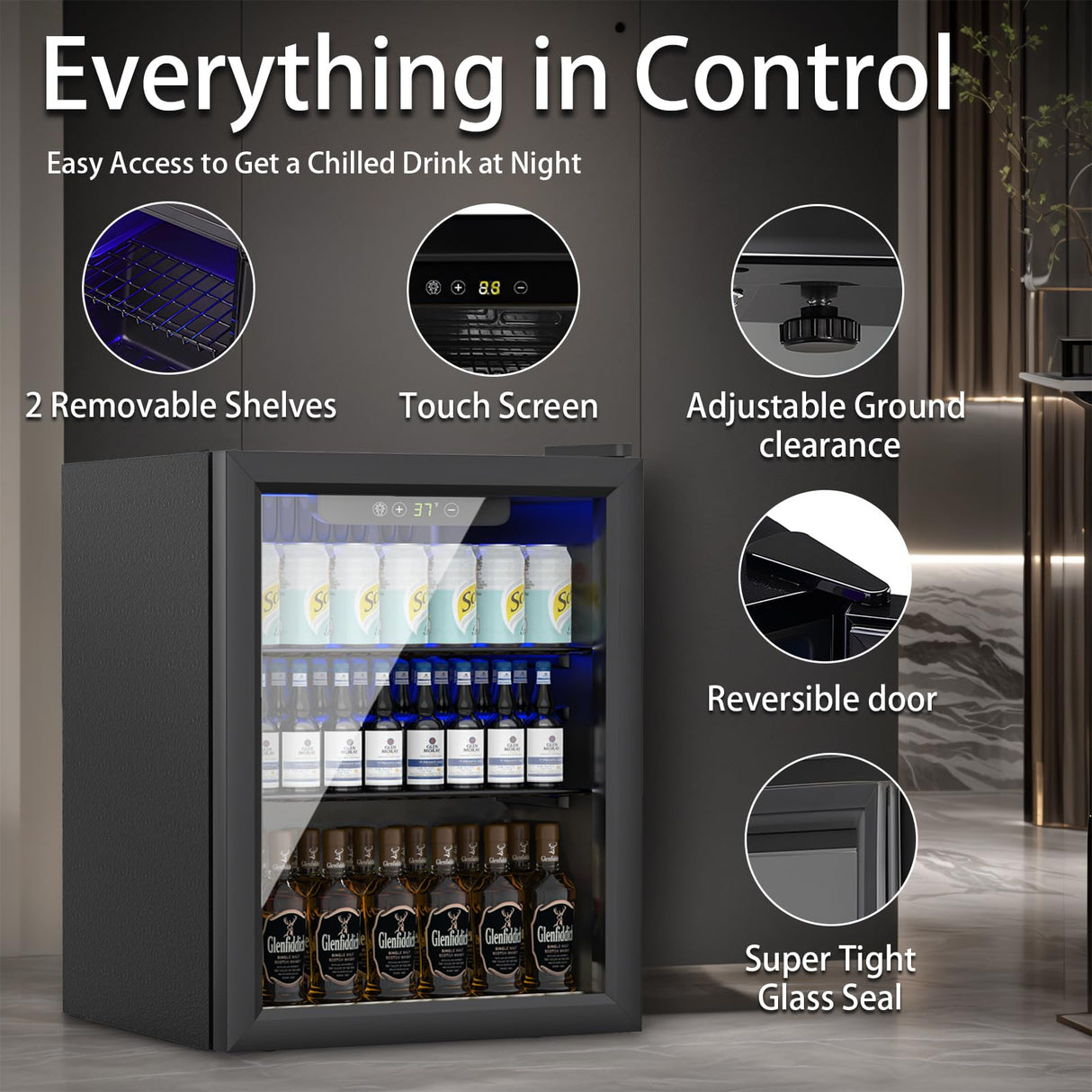 DOGHLY 1.7 Cu.ft Beverage Refrigerator Cooler, 72 Can Mini Fridge with Glass Door, and Temperature controllable switch for Soda, Beer or Wine For Office or Bar with Adjustable Removable Shelves DOGHLY