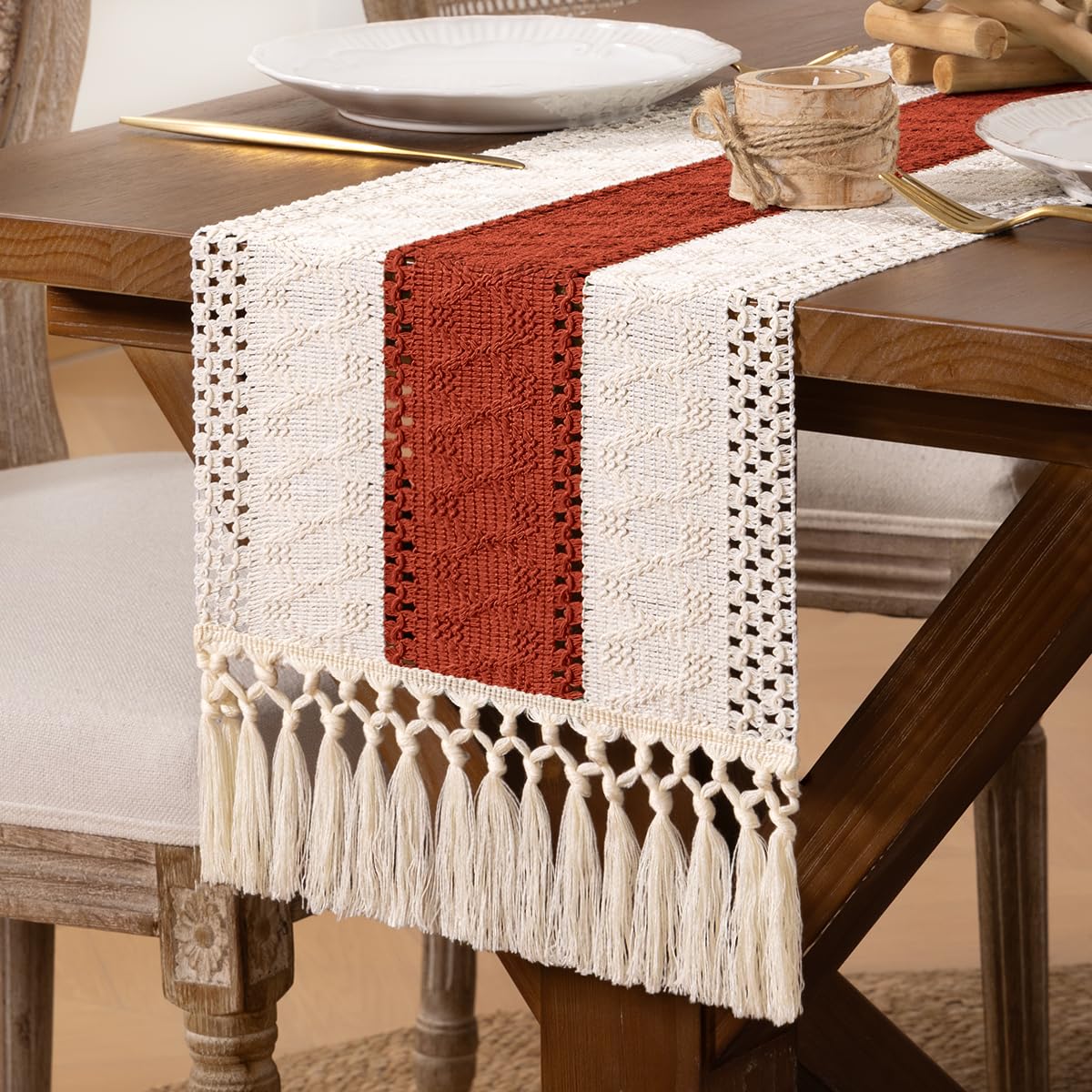DeZerlor Boho Macrame Table Runner Terracotta Fall Farmhouse Woven Small Table Runner with Tassels 48 Inches Ivory& Rust Cotton Linen Kitchen Table Centerpiece for Dining Dresser Home Tea Table Decor DeZerlor
