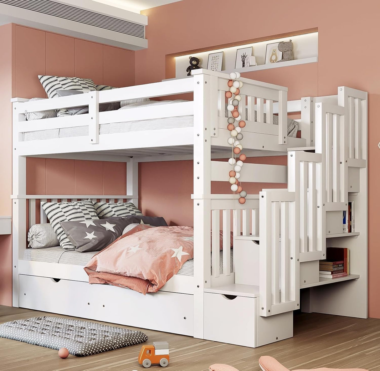 MERITLINE Full Over Full Convertible Bunk Bed with Storage Stairs, Storage Shelves and Drawers,Solid Wood Detachable Bunk Bed with Bookcase and Ladder for Adults,No Box Spring Needed (White) MERITLINE