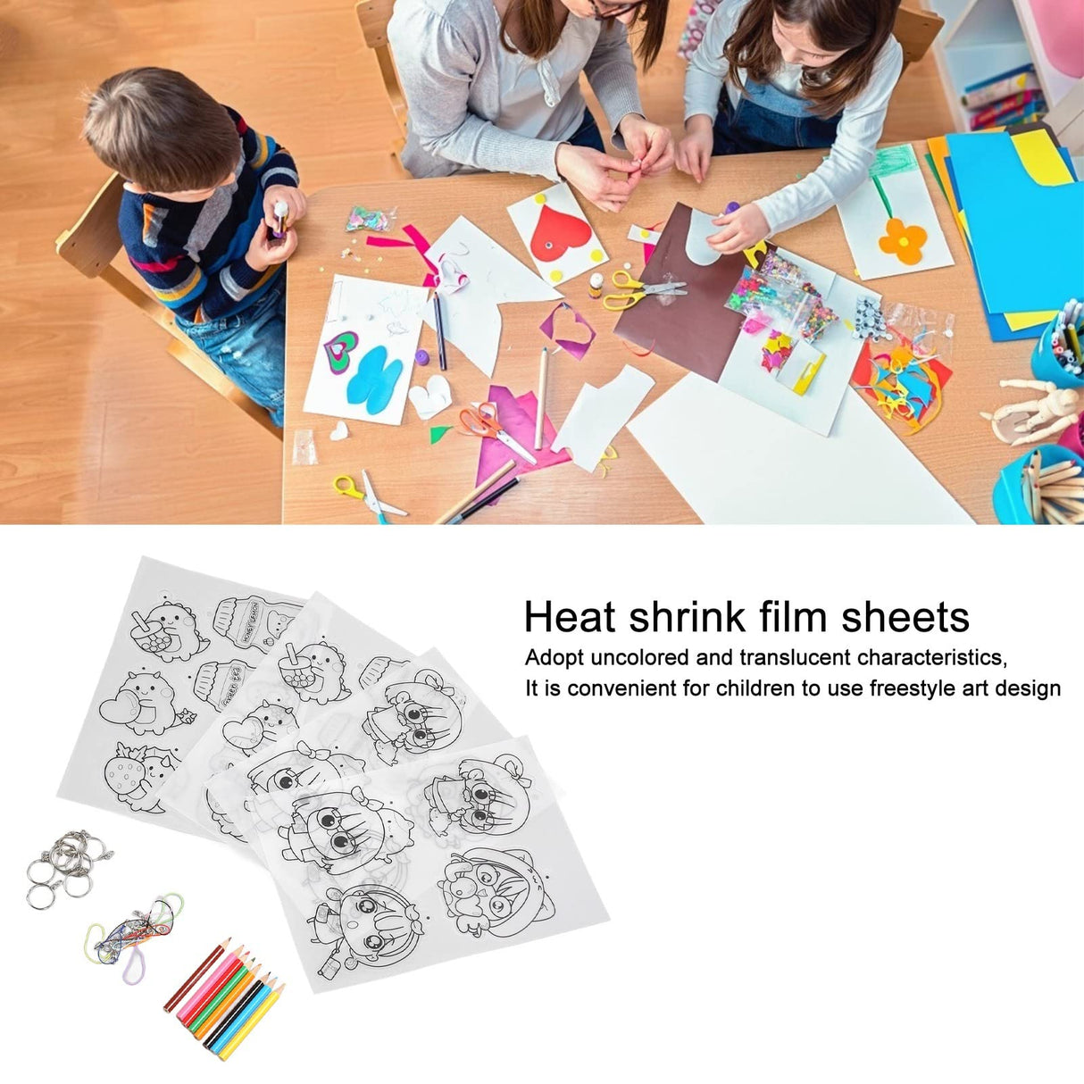 Shrinky Dink Sheets Set, Cartoon Dinosaurs and Girls Pattern Shrinky Plastic Sheet Kit with 10pcs Key Rings and Small Lanyards DIY Accessories for Crafts, Jewelry Making Cyrank