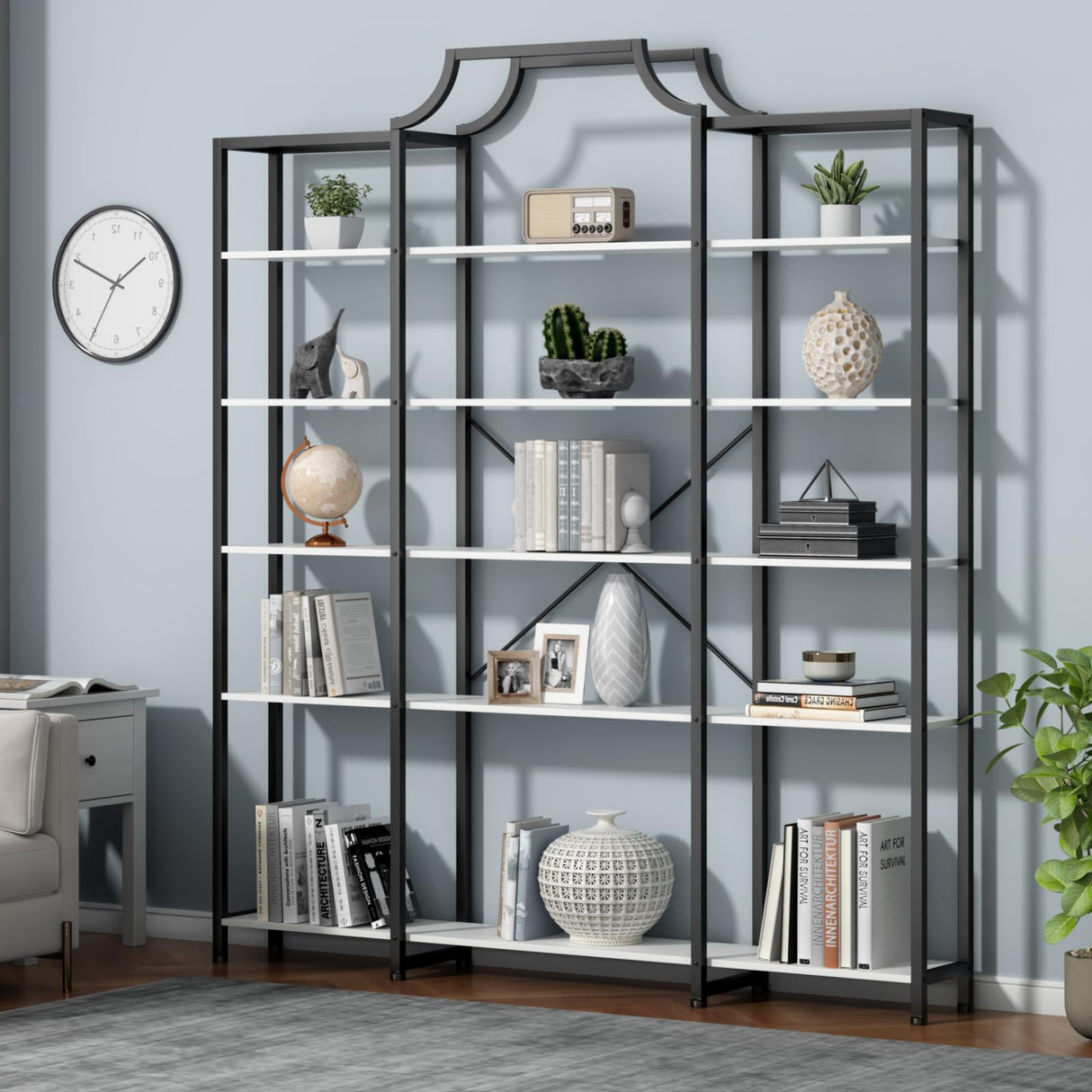 Auromie Triple Wide 5-Tier Bookshelf, 70.87" L x 79.13" H Extra Large Bookcase, Tall Open Etagere Display Shelf with Metal Frame, Freestanding Modern Storage Shelves for Home Office, Black&White Auromie