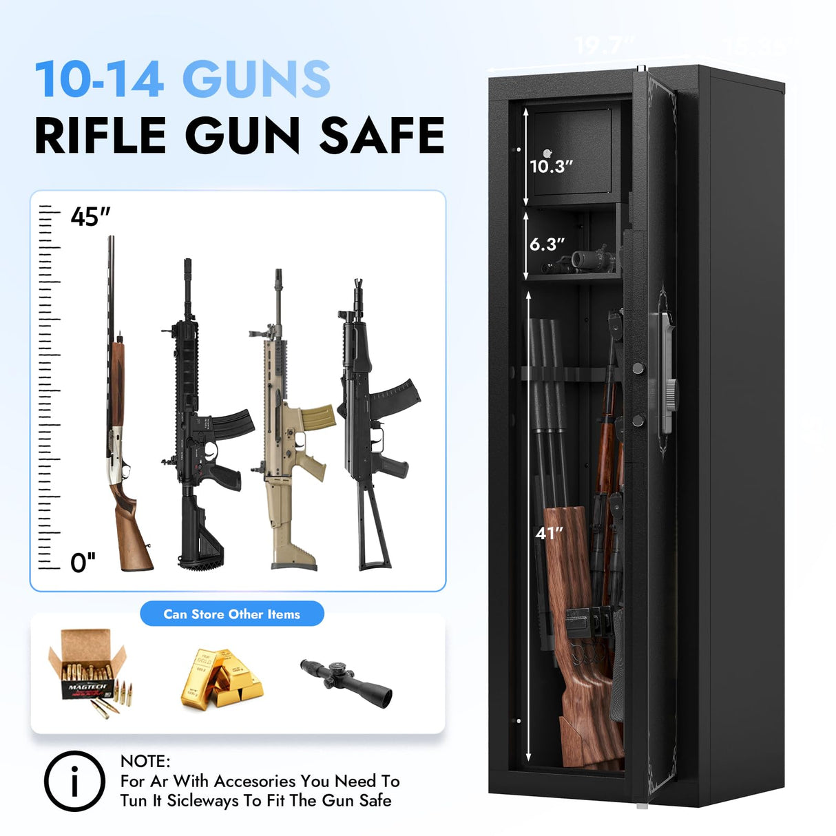 KAER Biometric Gun Safe for Rifle & Pistol, 10-14 Gun Capacity Large Rifle Safe with Fingerprint Lock, Adjustable Shelves, Silent Mode & Anti-Theft Alarm, Home Locking Cabinet for Firearms Storage KAER