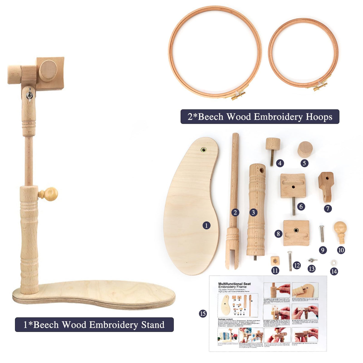 ZOCONE Beech Wood Adjustable Rotated Embroidery Hoop Stand with 2 Pcs 6'' 8'' Embroidery Hoops, Wooden Embroidery Stand, Embroidery Hoop Holder for Cross Stitch and Embroidery Project (A) ZOCONE