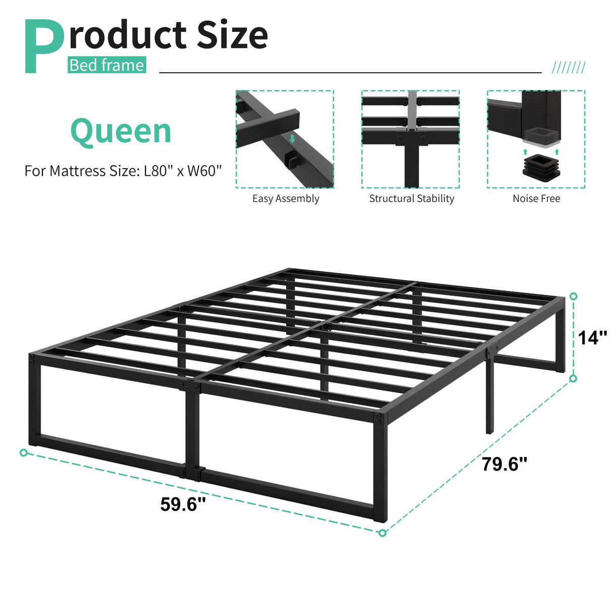 Lutown-Teen 14 Inch Queen Bed Frame Heavy Duty Steel Slat Support Metal Platform Bed Frame Queen Size No Box Spring Needed, Easy Assembly, Black Lutown-Teen