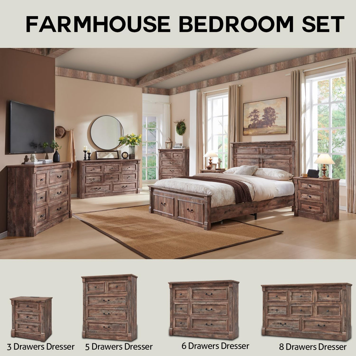 Aitjunz Farmhouse 7 Drawers Dresser for Bedroom, 57" Tall Large Dressers & Chests of Drawers w/Roman Column, Storage Dressers Organizer for Bedroom, Hallway, Living Room, Light Brown Aitjunz