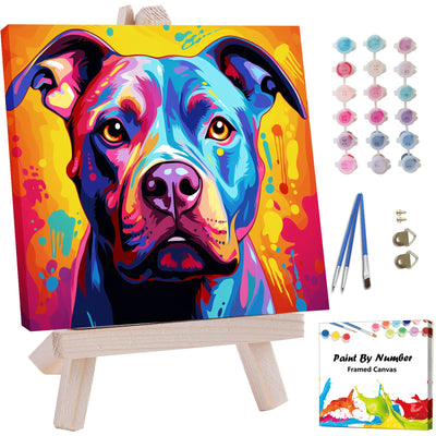 Artunion Framed Paint by Numbers Kit for Adults Beginners & Kids Ages 8-12,Colorful Pitbull Dog Paint by Number with Frame,Dog Animal Paint by Numbers Kit on Canvas 10 * 10 Inch Without Easel