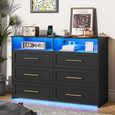 VIAGDO 6 Drawer Dresser with LED Lights and Charging Station, Black Bedroom Dresser with Open Storage, Modern Wood Chest of 6 Drawers Closet Organizers Storage Cabinet for Bedroom