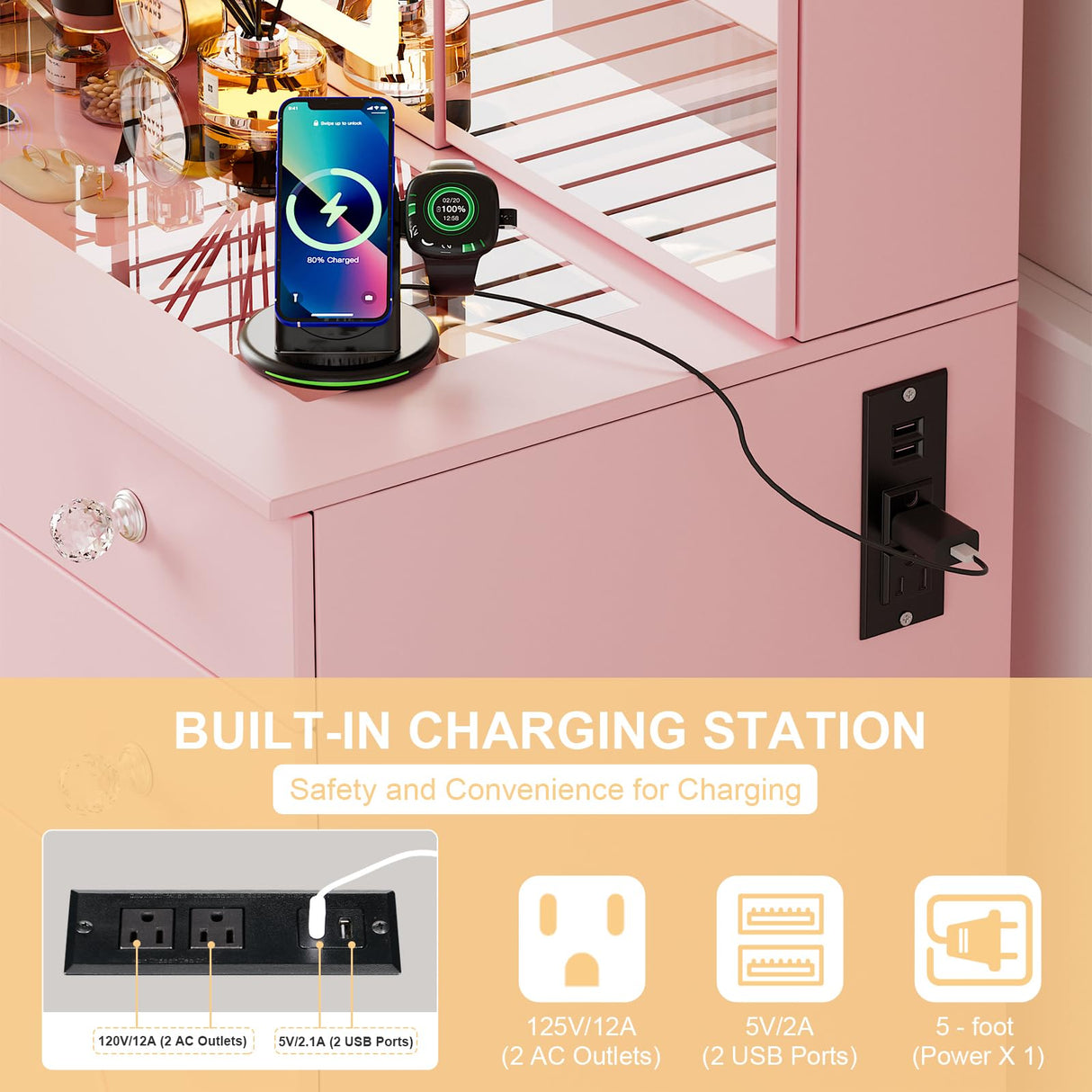 SDMY 46" Makeup Vanity with Large LED Mirror, Glass Tabletop Vanity Desk, 11 Storage Drawers, Hidden Storage Behind Mirror, Charging Station, Bedroom Vanity with Mirrored Cabinet (Pink) SDMY