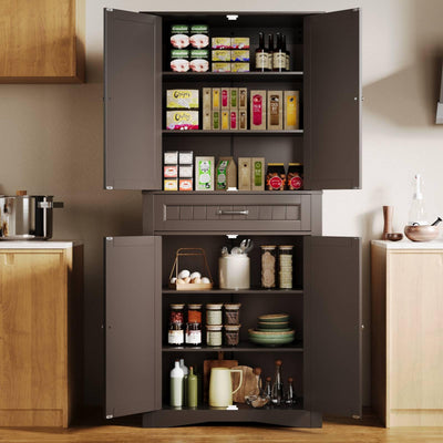 Gizoon 71'' Kitchen Pantry Storage Cabinet, Freestanding Cupboard with 4 Barn Doors and 4 Adjustable Shelves, Hutch Bar Cabinet with Large Drawer for Kitchen, Living Room, Dining Room (Dark Brown)