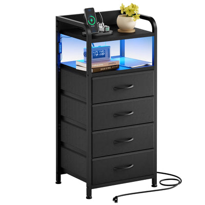 Fixwal Black Night Stand with Charging Station, Tall LED Nightstand with 4 Fabric Drawers, Bedside Table for Bedroom