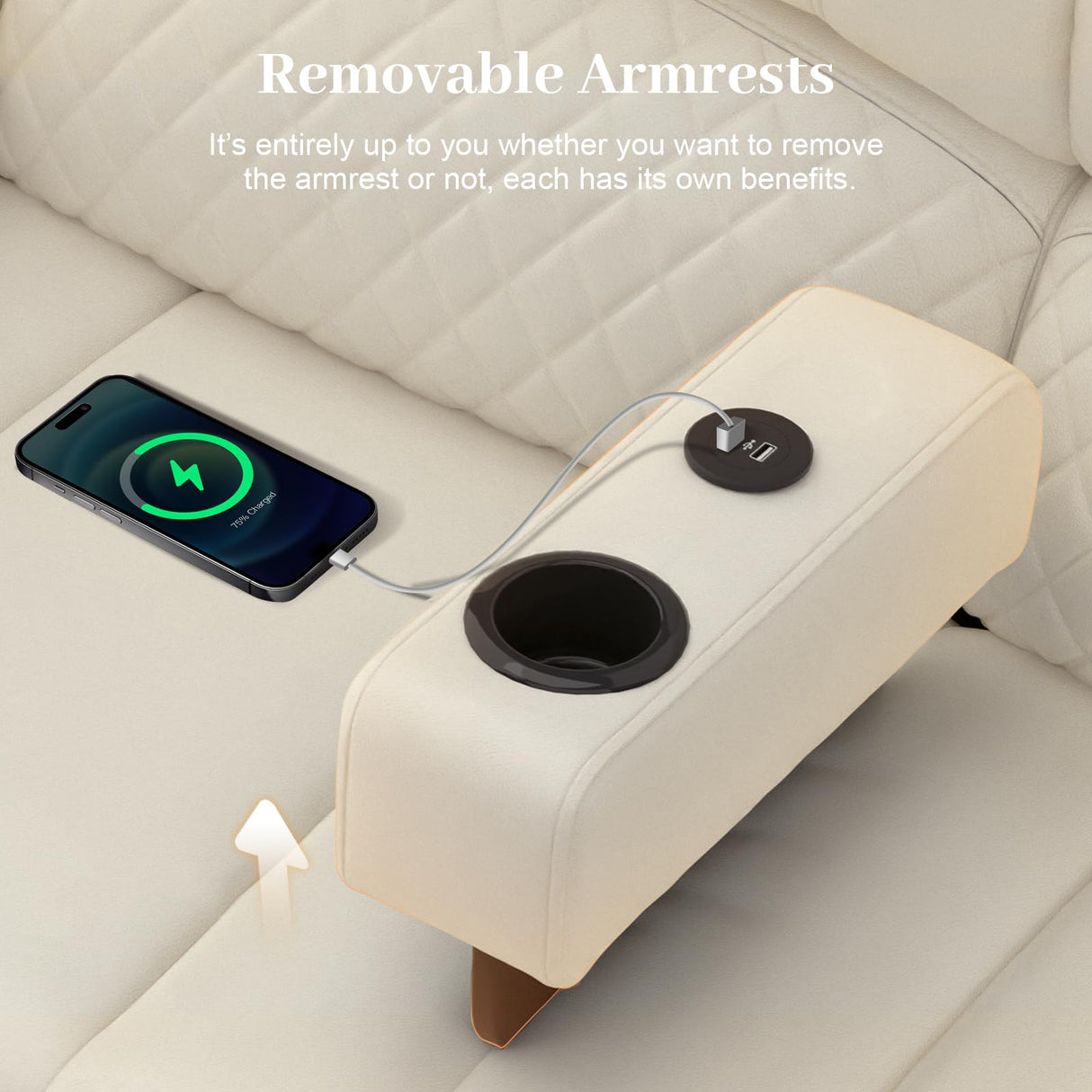 Yolsali Loveseat Recliner Sofa, Manual Reclining Loveseat with Removable Armrest, PU Leather Double Recliner for RV with 2-Tier Cushions, USB Charging Ports, Cup Holders - Ivory White, PU Yolsali