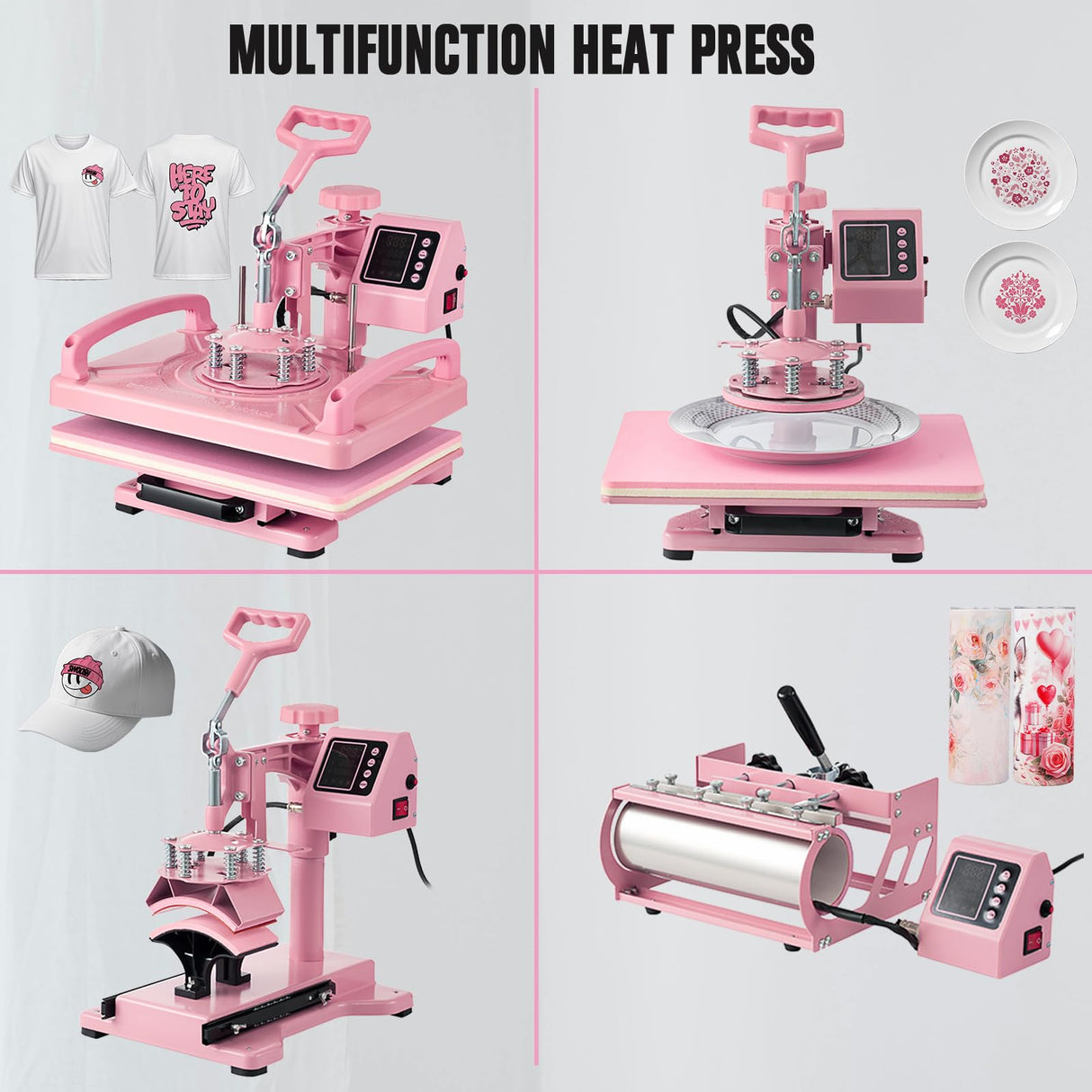Leomru 5 in 1 Heat Press Machine 12x15 Inch, Heat Press Machine for T Shirts Hat Cap Mug Plate 360° Swing Away, Sublimation Heat Press Heat Transfer Machine W/ 30OZ Tumbler Press Pink Leomru