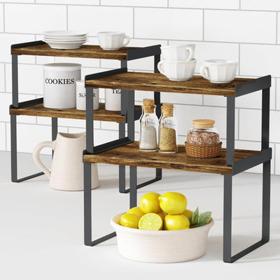 Goozii Kitchen Cabinet Organizers and Storage Shelves, Rustic Farmhouse Desk Shelf Riser for Cabinets, Black Expandable Corner Glasses Medicine Cabinet Organizer under Bathroom Sink - Set of 4