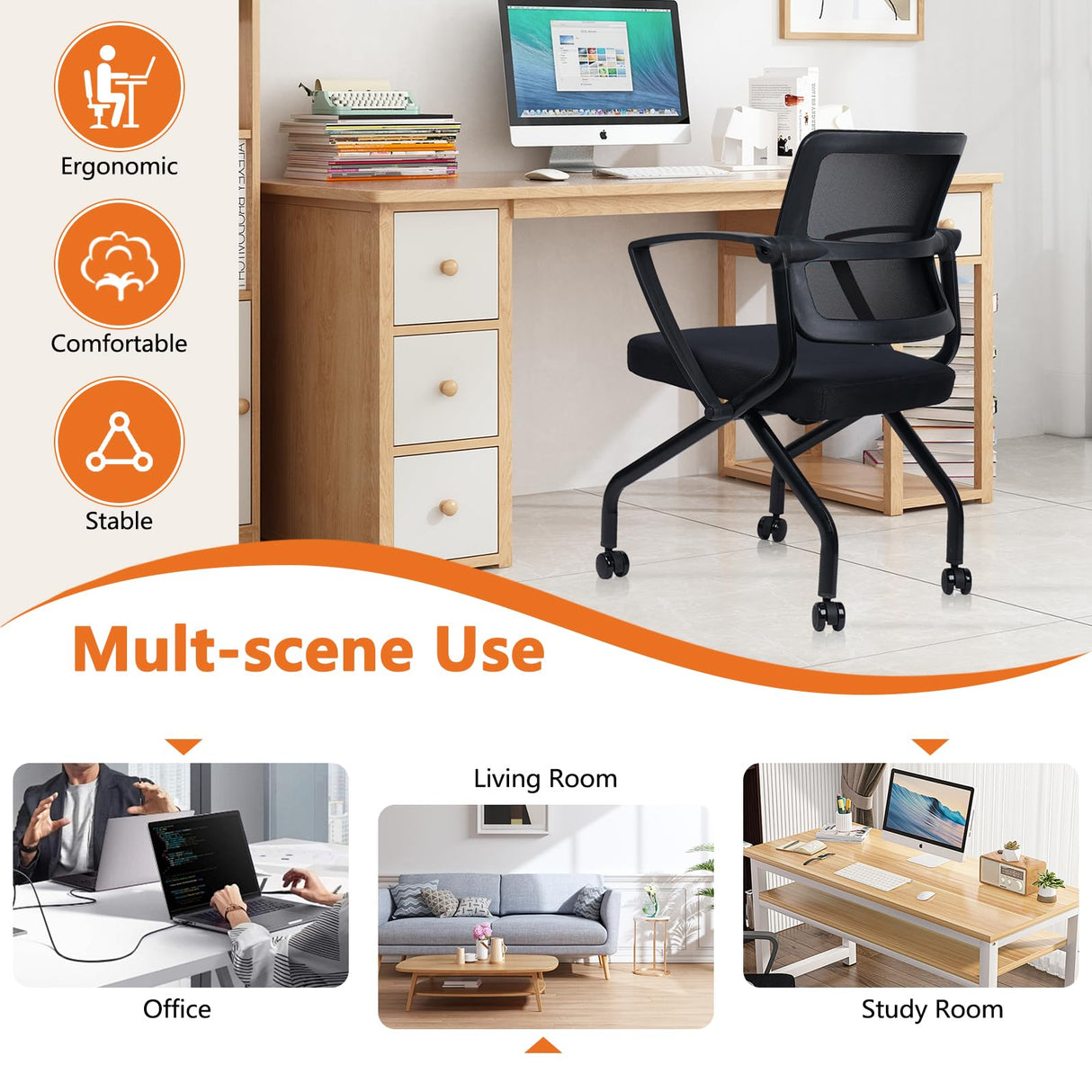 CLATINA Foldable Mesh Ergonomic Training Room Chair Guest Reception Stack Chairs with Caster Wheels and Arms for Office School Church Meeting Conference Training Waiting Room Black (Black Mesh, 1PK) CLATINA