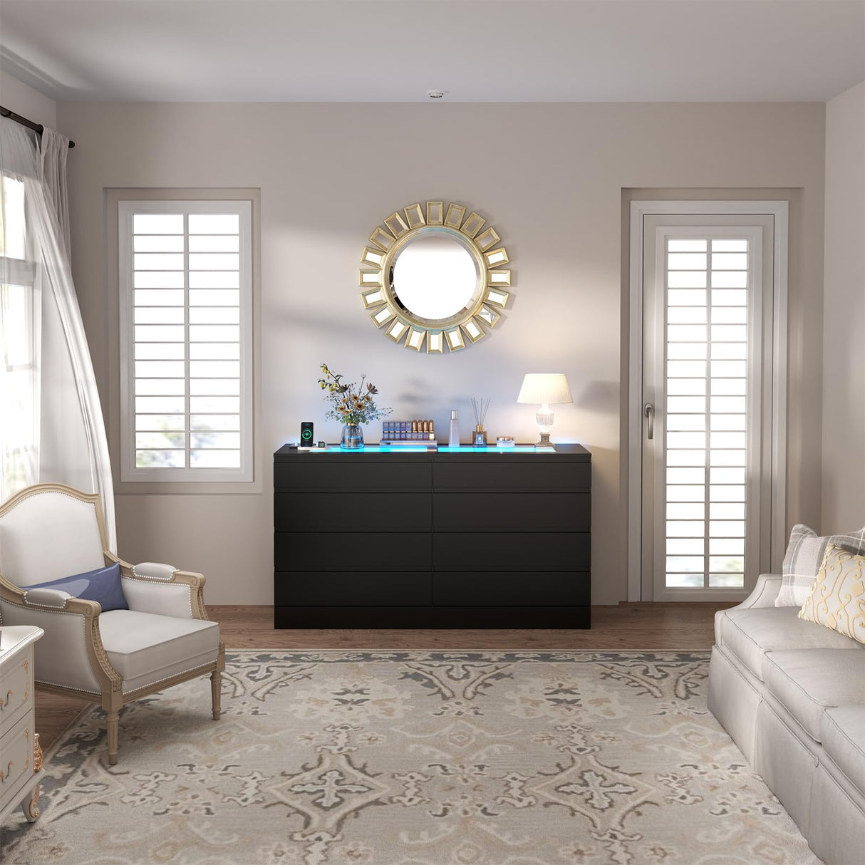 Gyfimoie 8 Drawer Dresser with Power Outlet, White Dresser for Bedroom Chest of Drawer with Glass Top & LED Light, Modern Double Wide Drawer Organizer Cabinet for Living Room (Black) Gyfimoie