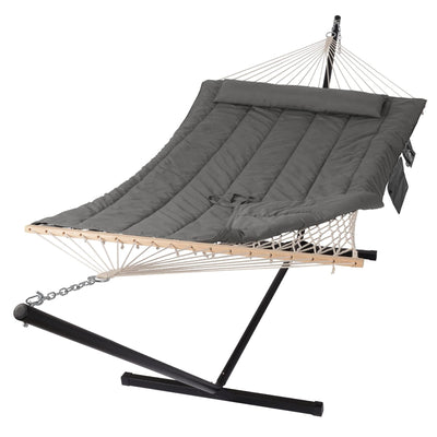 SUNCREAT Double Outdoor Hammock with Stand, Two Person Cotton Rope Hammock with Polyester Pad, Dark Gray