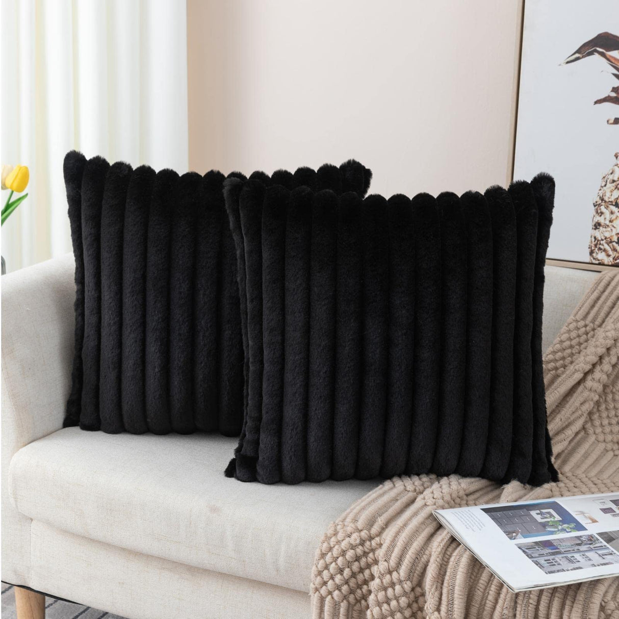 ZLINA Set of 2 Black Faux Fur Decorative Throw Pillow Covers Fluffy Striped Pillowcase Cushion Covers 18 x 18 Inch Decor Sofa Couch Bedroom ZLINA