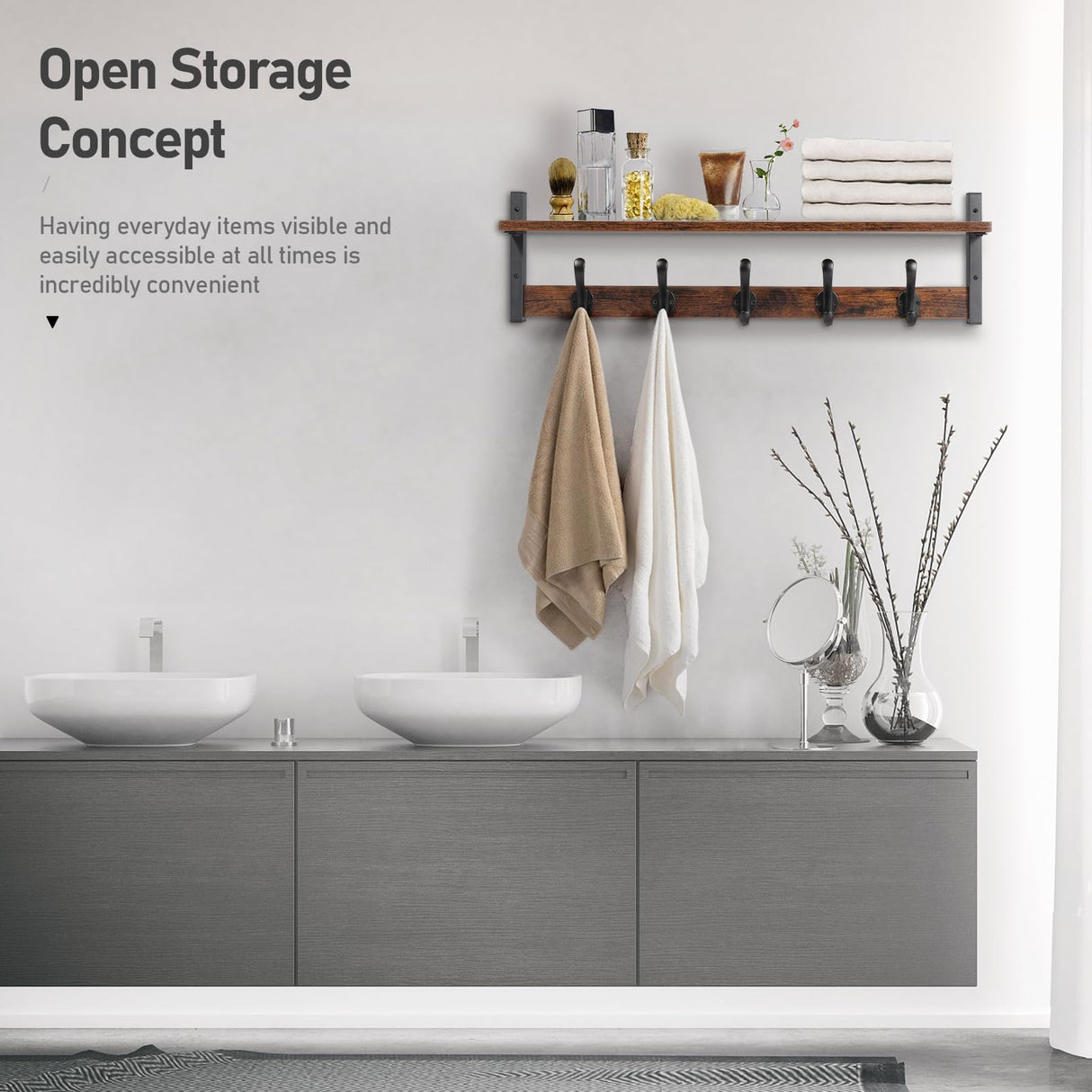 Tatub 29" Rustic Coat Rack Wall Mount with Shelf, Wall Hooks with Shelf, Entryway Floating Shelf with 5 Metal Hooks, Coat Hangers for Entryway, Living Room, Bedroom, Brown Black Tatub