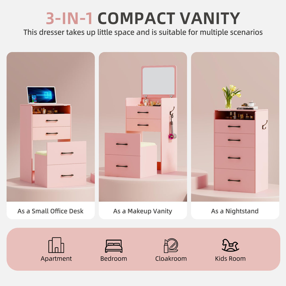 Gurexl 3 in 1 Pink Vanity Desk with Plip Top Mirror,Small Make Up Vanity Set with Visible Glass Desktop,Compact Makeup Vanity with 3 Drawers,Cushioned Tool,Dressing Table for Bedroom Gurexl