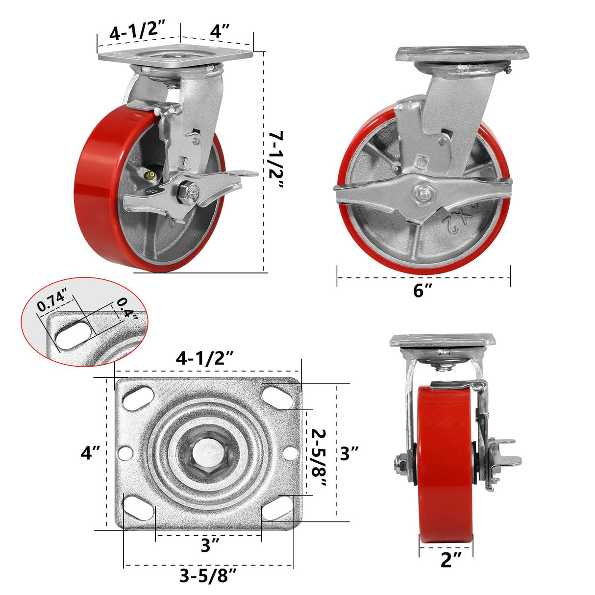 NINOSO 6'' Caster Wheels, Heavy Duty Casters with Polyurethane Wheel, Industrial Casters Set of 4 with Capacity 4800lbs, Widely Used in Workbench Tool Box Furniture (4 Pack Brakes) Ninoso