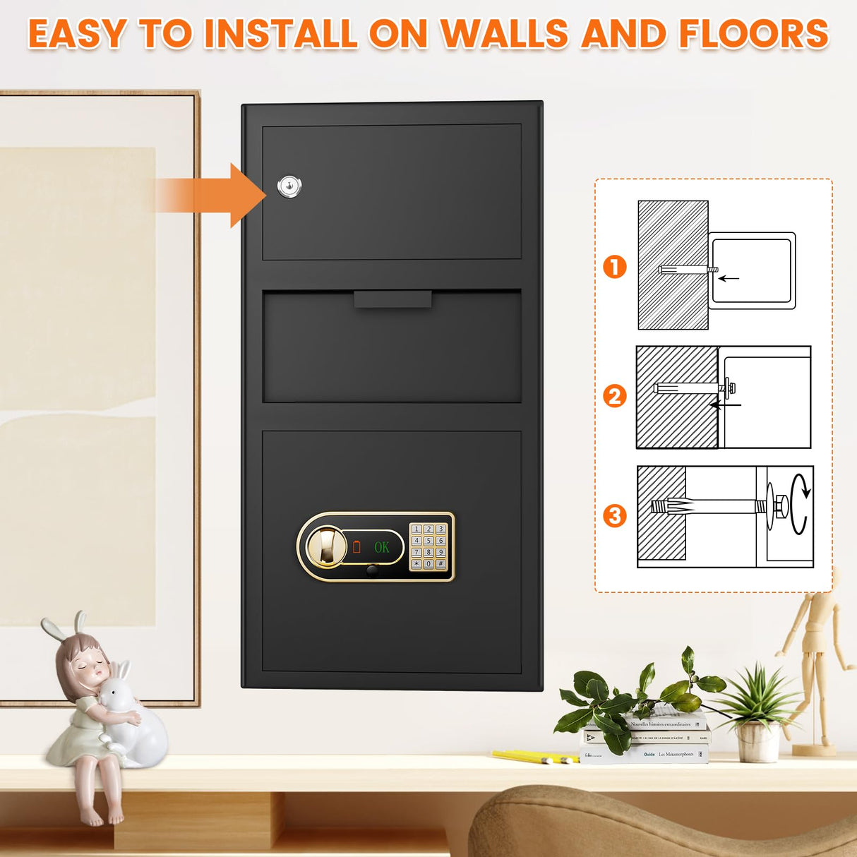 3.6 Cu ft Large Fireproof Drop Safe Box for Business, Anti-Theft Cash Safe Drop Box with Drop Slot, Digital Keypad and Spare Key, Heavy-duty Depository Drop Safe for Home Retail Busines Restaurants Tiskgg