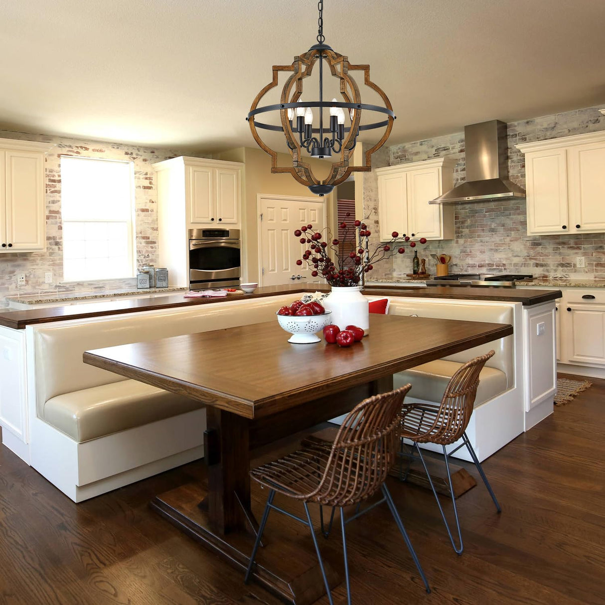 Faibra 6-Light Farmhouse Wood Pendant Light,22.83'' Vintage Rustic Brown Oak Wood Chandeliers,Retro Industrial Hanging Light Fixtures for Dining Room Entryway, Bedroom Faibra