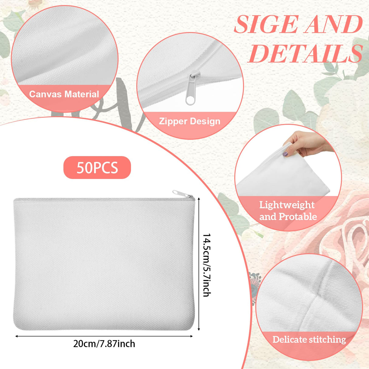 Frienda 50 Pieces Sublimation Blank Canvas Makeup Bags Bulk Blank DIY Heat Transfer Cosmetic Makeup Bags Canvas Pen Case Pencil Bags Clear Sublimation Blank Pouch with Zipper (White,7.87 x 5.7 Inch) Frienda