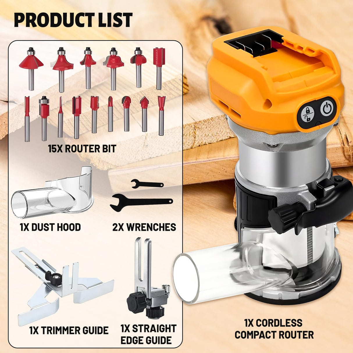 Aluminum Base Cordless Compact Electric Router Tool for DeWalt 20V Battery (Bare Tool), 800W 10000-33000 RPM 6 Variable Speed Fixed Base Wood Router with 15 Router Tool Bits for Woodworking dcvbny