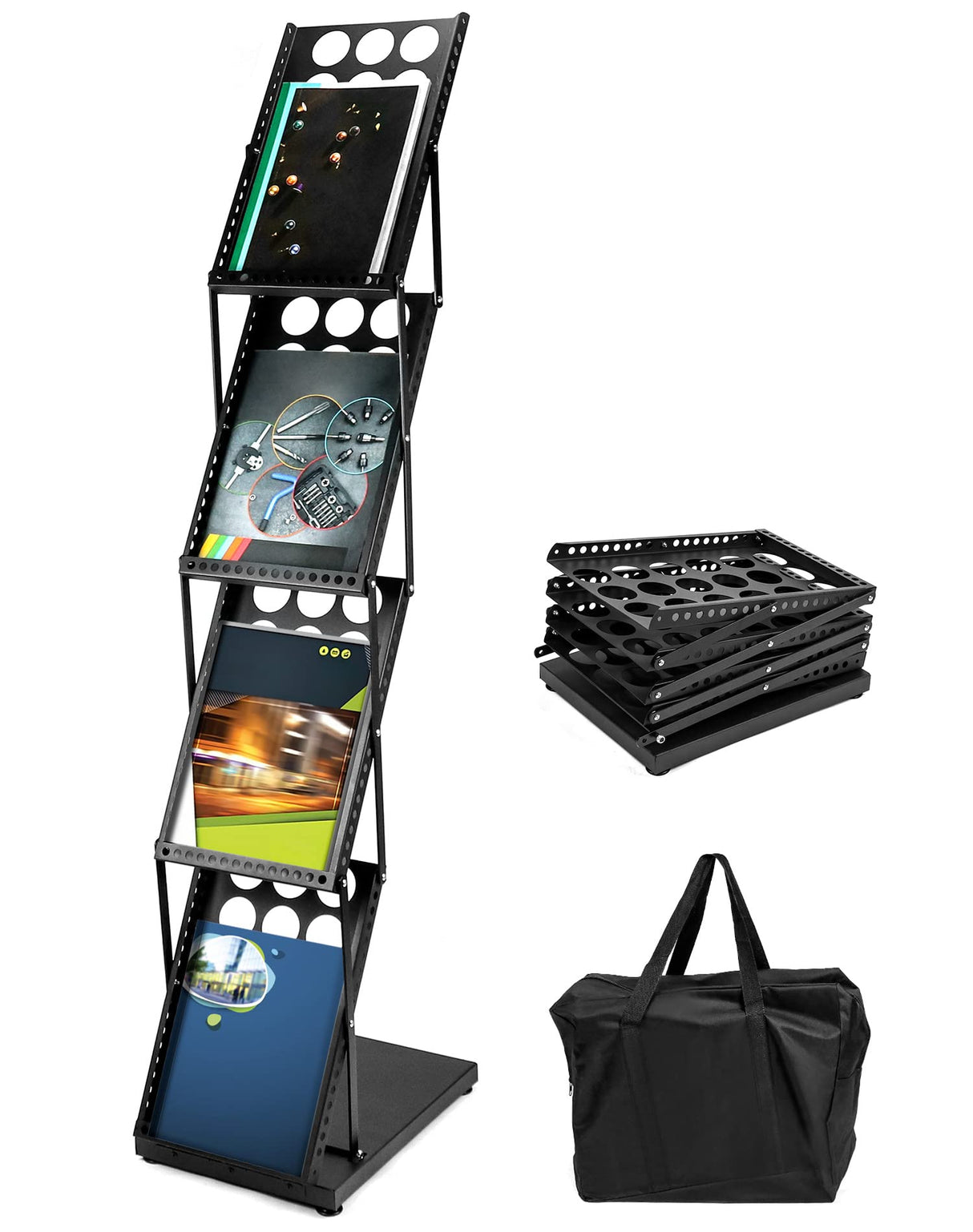 QWORK Magazine Brochure Display Rack Stand, 4 Pocket Foldable Literature Catalog Rack Book Holder Tradeshow Display Stand, for Office Store and Exhibition Trade Show (Black) QWORK
