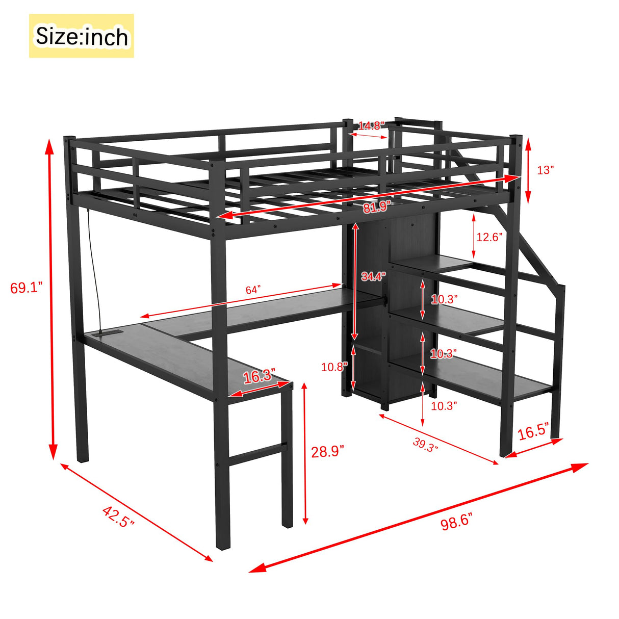 RuiSiSi Twin XL Metal Loft Bed with Wardrobe, L-shaped Desk, USB Charging, and LED Lights - Black RuiSiSi