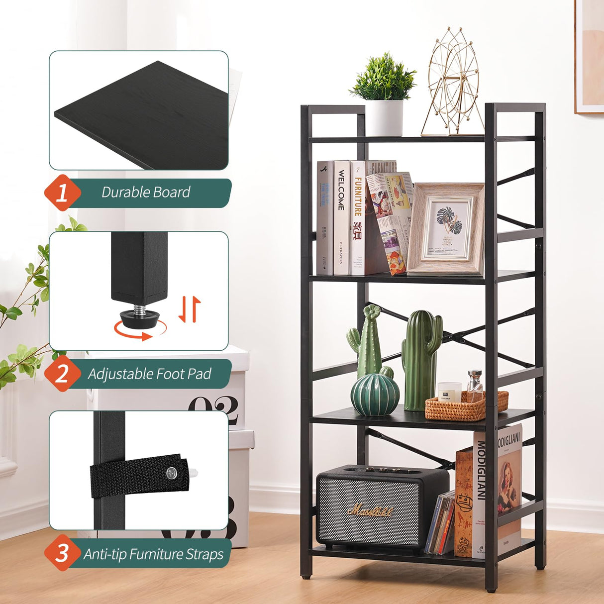 Yoobure 4 Tier Bookshelf - Small Book Shelf Industrial Bookcase, Narrow Book Case Book Storage Organizer for CD/Movie/Book, Bookshelves for Bedroom Office Living Room Black Yoobure