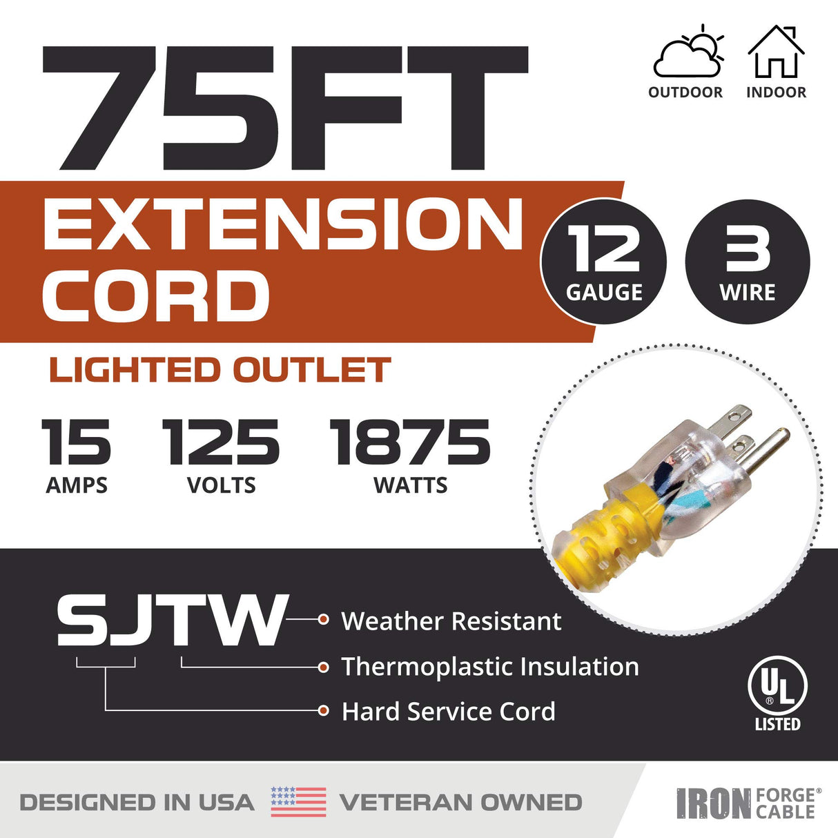 Iron Forge Cable 12 Gauge Extension Cord 75 ft, 12/3 SJTW 75 Foot Heavy Duty Extension Cord Outdoor 3 Prong, Weatherproof Yellow Power Cable 15 Amp, Great for Major Appliances IRON FORGE CABLE