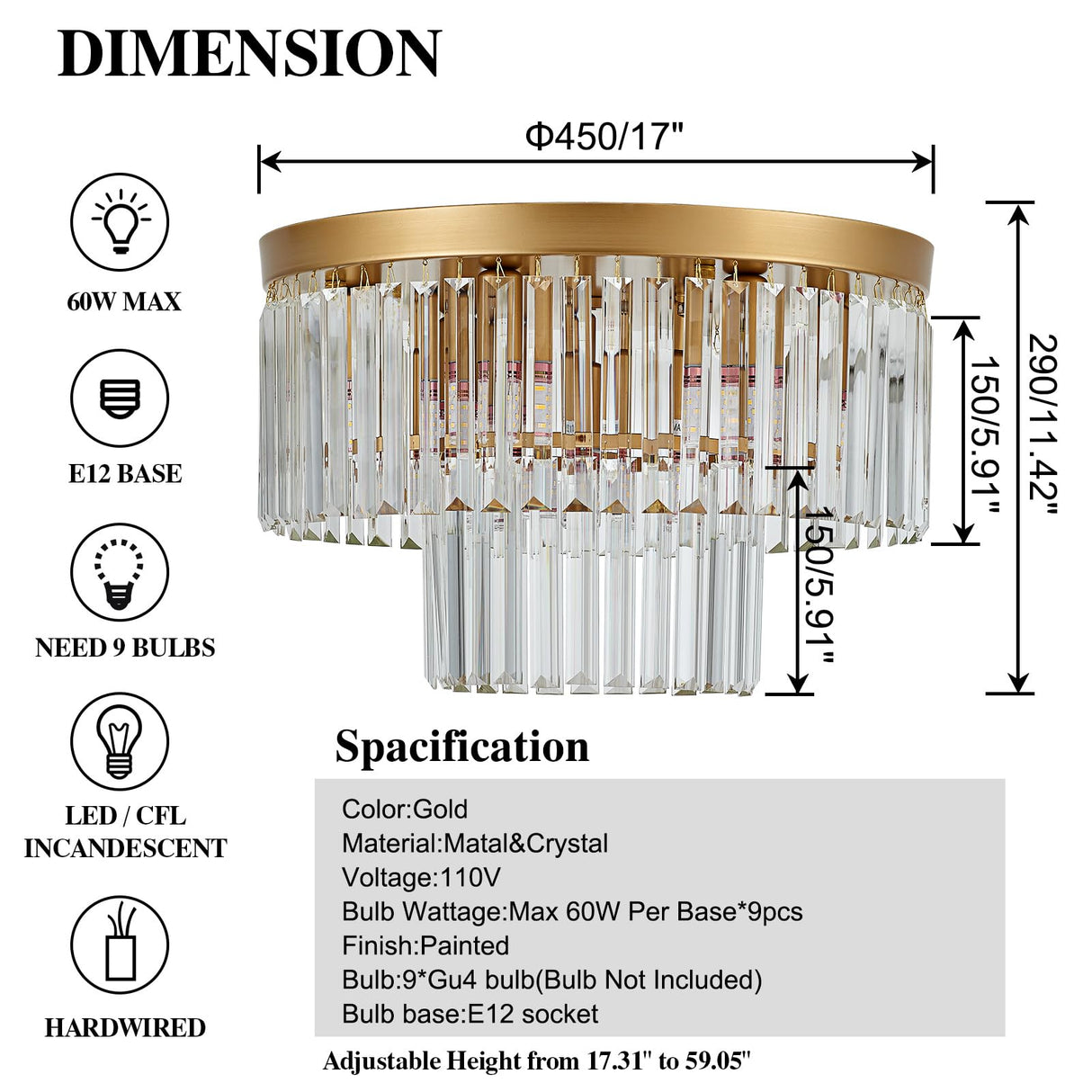 Faibra 17" Gold Crystal Ceiling Light - Modern 9-Light 2-Tier Luxury K9 Crystal Fixture for Dining Room, Kitchen, Island, Living Room, Bedroom Faibra