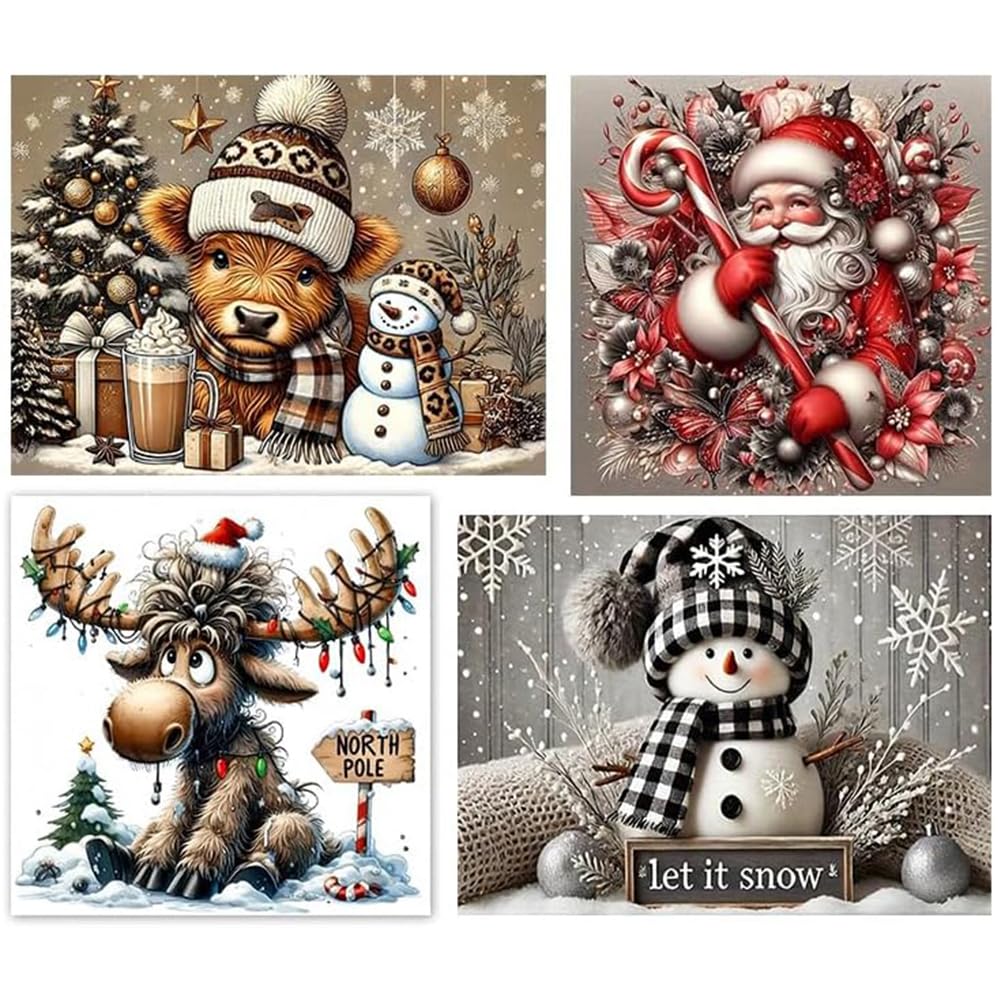 TCDZMYGS 4 Pack Christmas Paint by Numbers Kit for Adults Beginner,Paint by Number Kits Without Frames,DIY Acrylic Oil Painting by Numbers for Home Wall Decor 12x12-12x16 inch TCDZMYGS