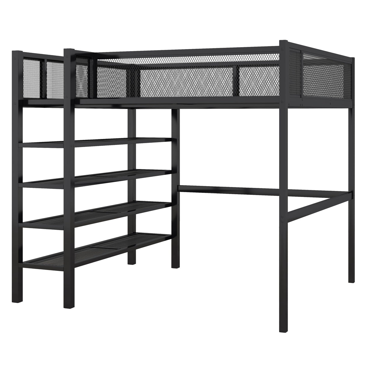 Bellemave Full Size Loft Bed with 4-Tier Shelves and Storage, Metal Loft Bed with Bookshelf, Full Size Loft Bed with Storage Stairs(with Bookshelf, Black) Bellemave