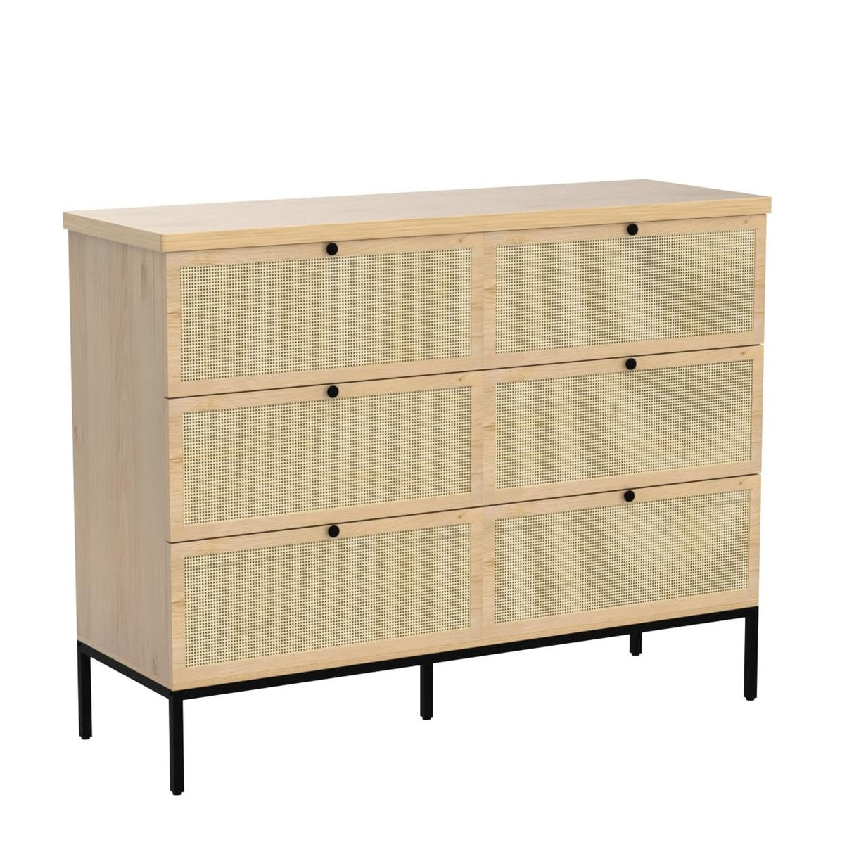 Modern 6 Drawer Dresser with Natural Rattan Drawers, Industrial Wood Double Dresser for Bedroom with Sturdy Steel Legs, Closet Storage Dressers Organizer TV Stand Dresser for Living Room Hallway Yechen