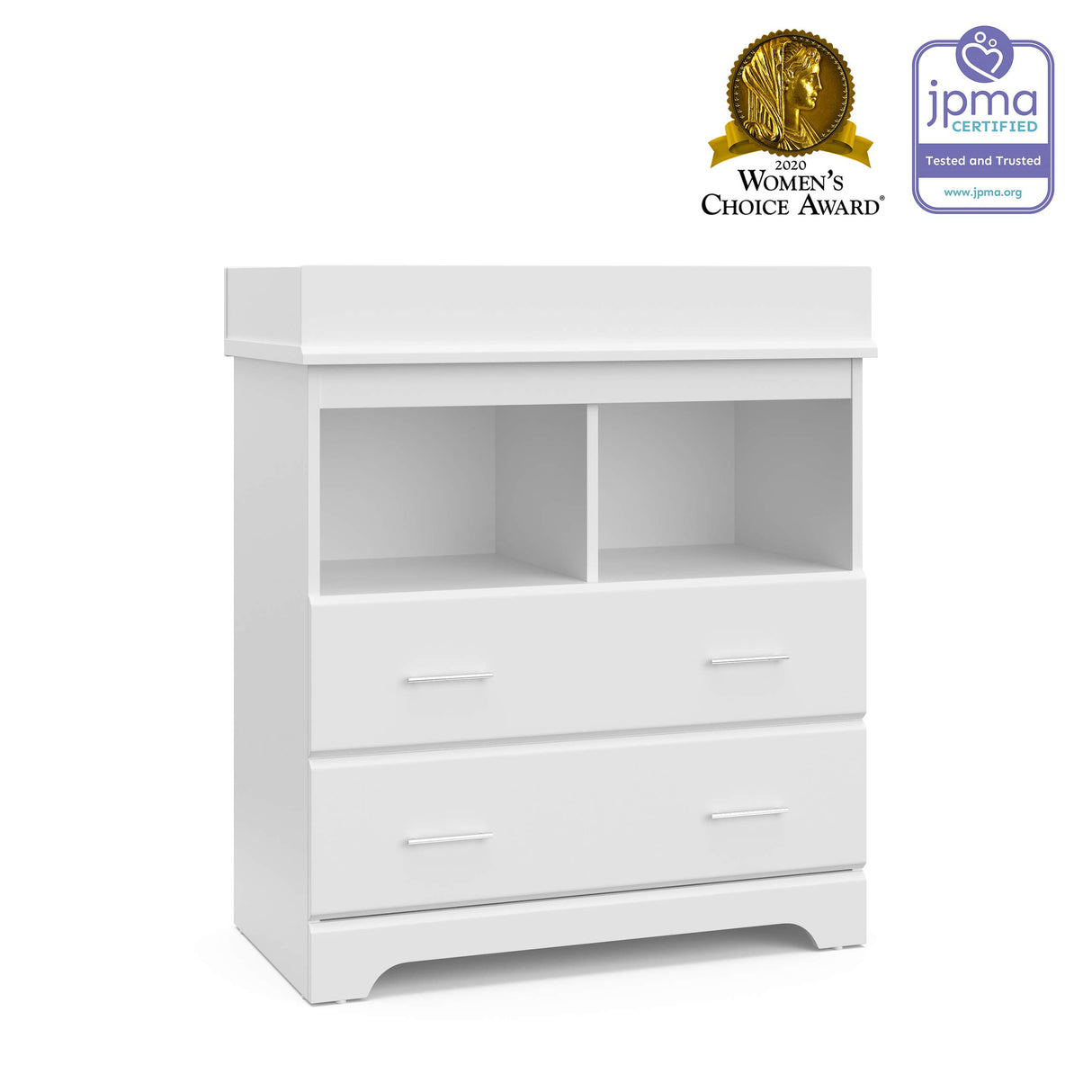 Storkcraft Brookside 2 Drawer Changing Table Dresser (White) – GREENGUARD Gold Certified, Easy-to-Match Chest of Drawers and Cubbies for Nursery and Kids Bedroom, Includes Changing Table Topper Storkcraft