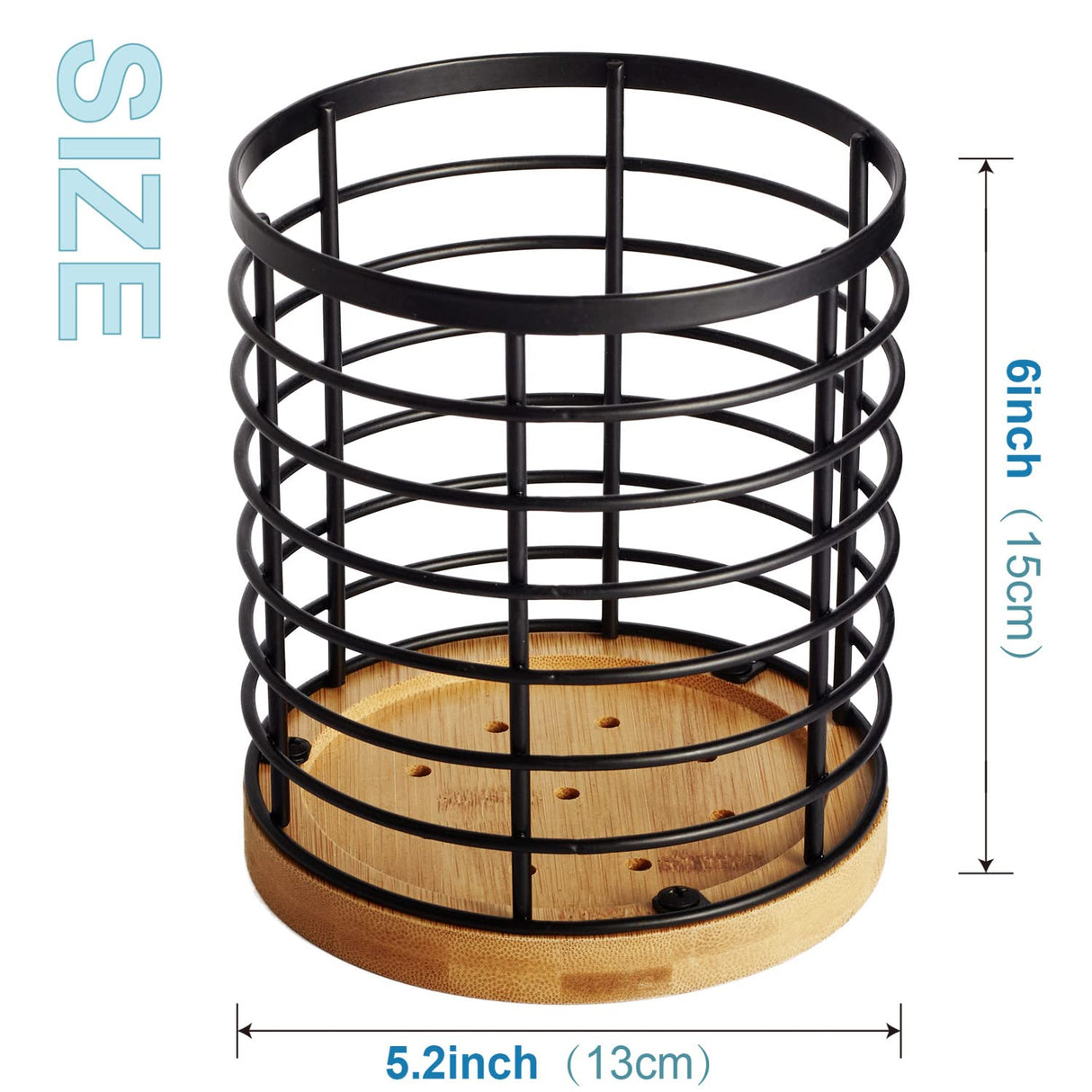 WDT Tool Utensil holder for Kitchen Counter - 5.2" x 5.2" x 6" Large Round with Wooden Base Matte Black Cooking Utensil Holder Utensil Organizer (Metal+Bamboo) WDT Tool