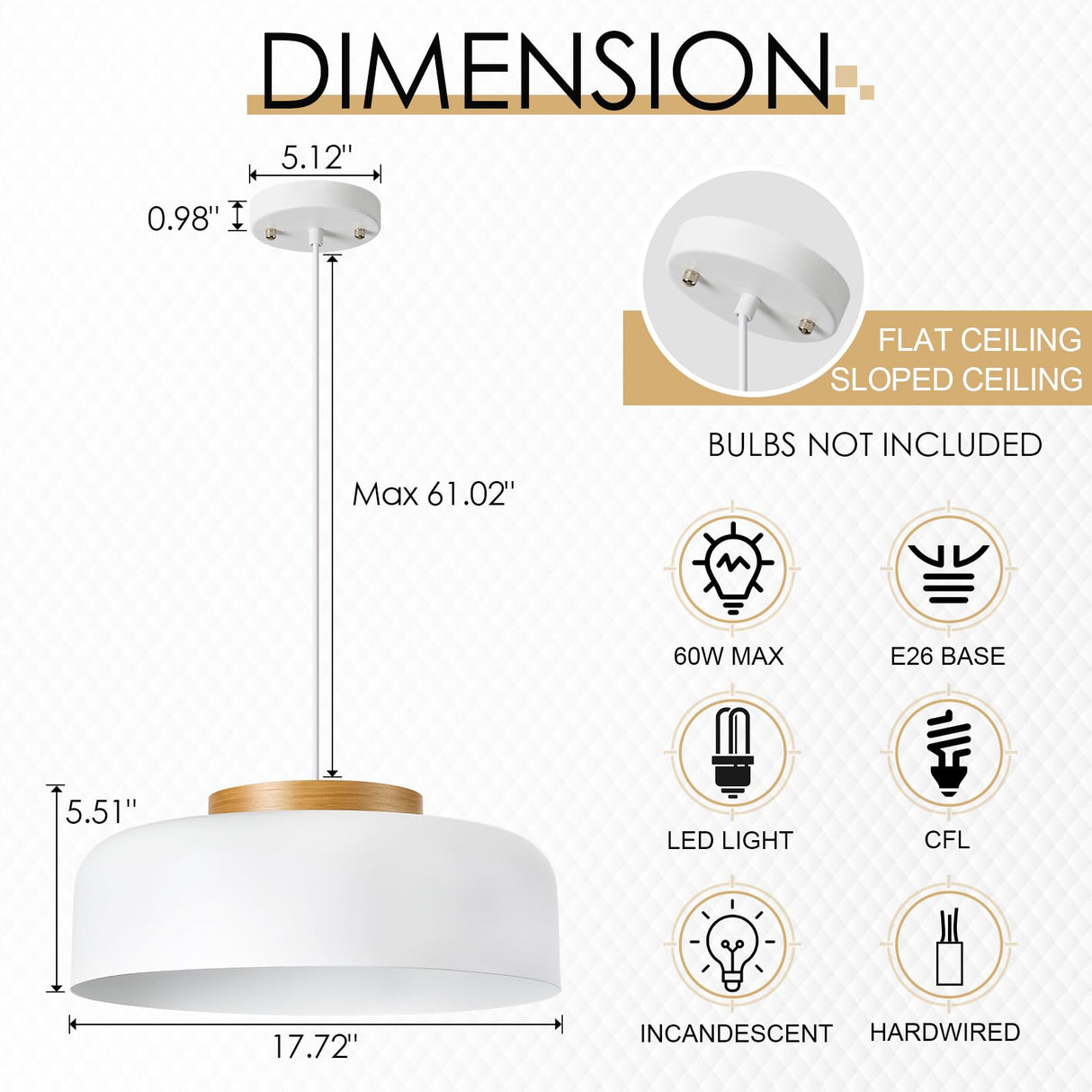HUAWIYA Modern Pendant Lighting, 17.7 inch,Natural Wood Cap, Drum Simple Large Pendant Light Fixture Chadelier for Dining Table, Kitchen Island, Matte White HUAWIYA