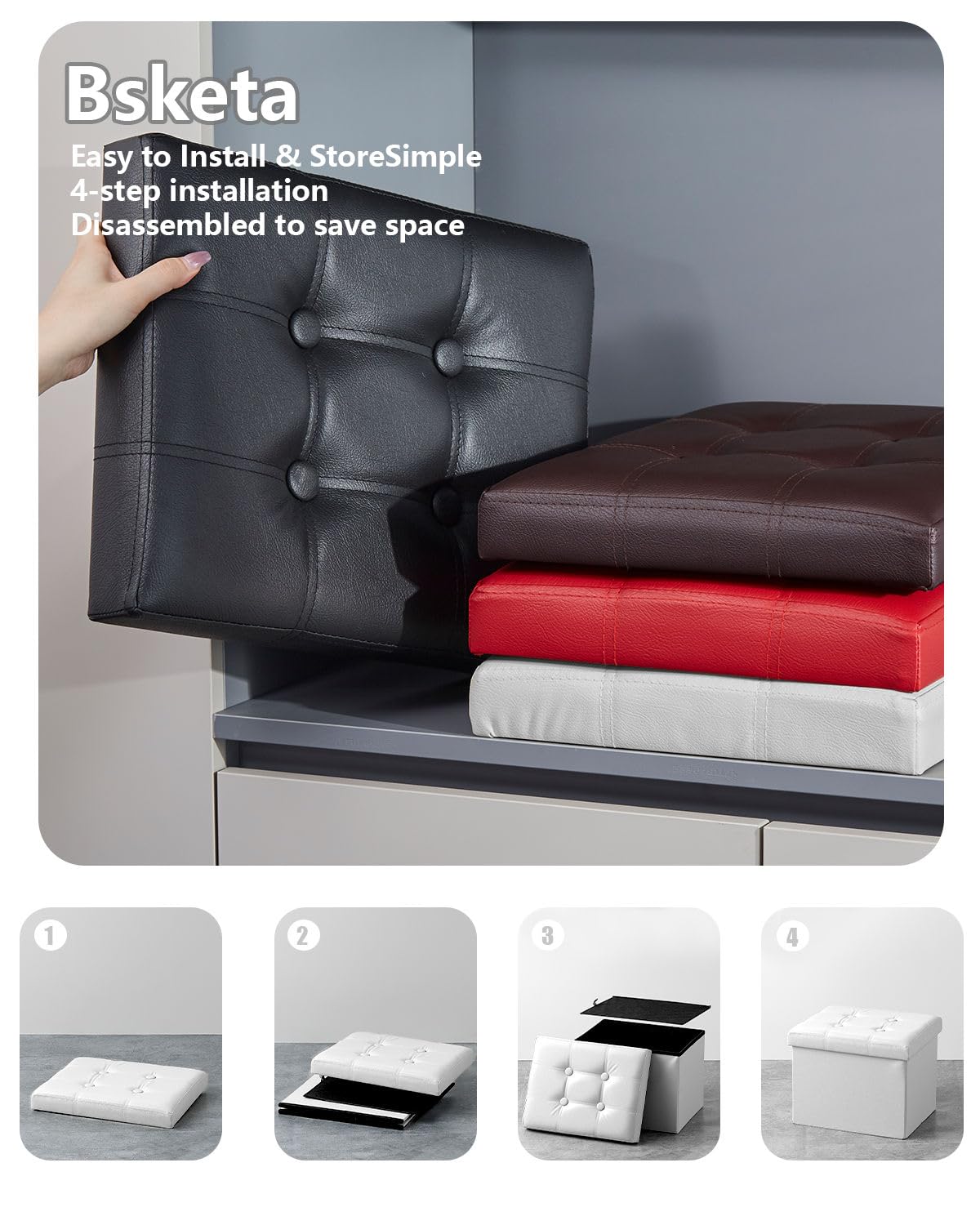 Bsketa Folding Storage Ottoman, Foot Stool with Thicker Foam Padded Seat Small Leather Storage Ottoman Bench Foot Rest for Living Room Foldable Coffee Table 17x13x13in,White Bsketa