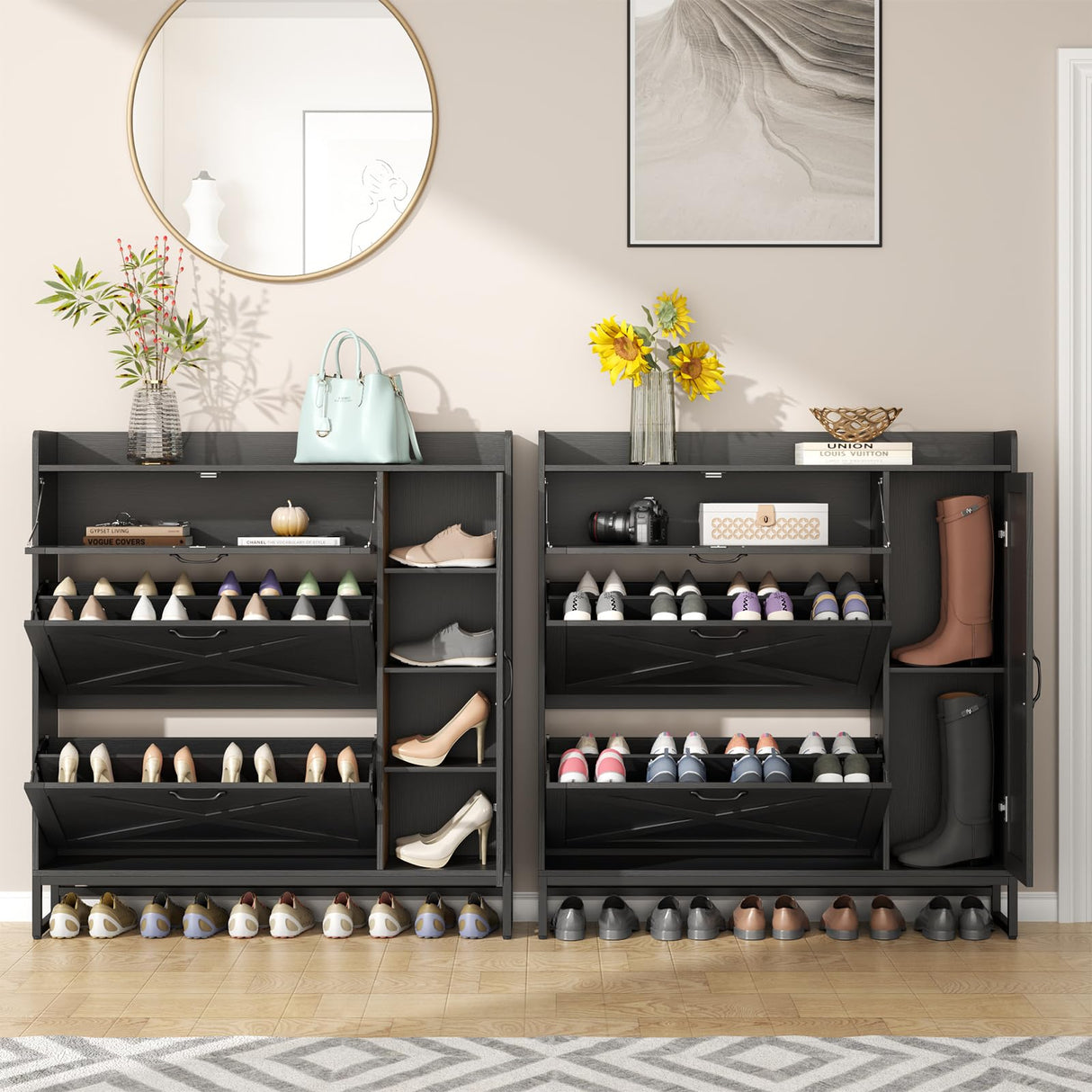 Auromie Free Standing Shoe Organizer with 2 Flip Drawers and Side Cabinet, Entryway Narrow Shoe Storage with Door for Hallway and Living Room (Black Plus) Auromie