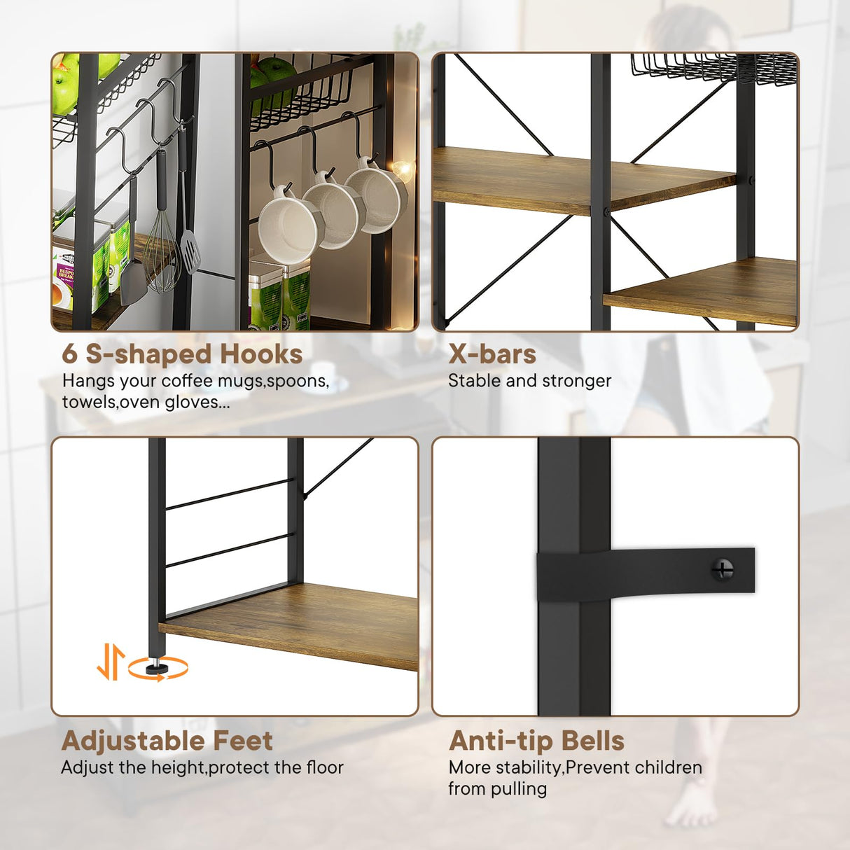 ZERDER Bakers Rack with Power Outlets and 2 USB Ports, Utility Microwave Stand, Kitchen Storage Rack with 6 S-Shaped Hooks, Kitchen Shelves, Rustic Brown ZERDER