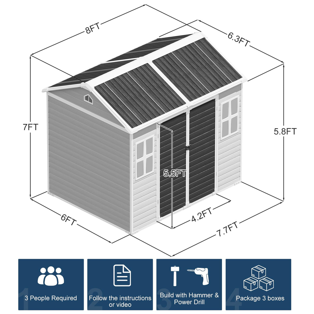 8x6 FT Resin Storage Sheds with Floor Windows, Waterproof Plastic Outdoor Shed Kit, Outside Tools Sheds for Backyard Garden Patio Lawn WELYAS