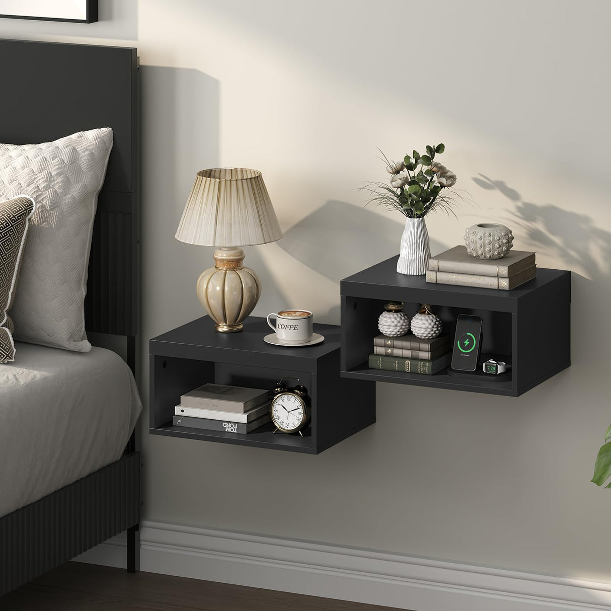 MAHANCRIS Floating Nightstand Set of 2, Wall Mounted Nightstand, Modern Floating Bedside Shelf with Open Shelf Cubby, Floating Side Tables Bedroom, Living Room, Black ETBK4901S2 MAHANCRIS